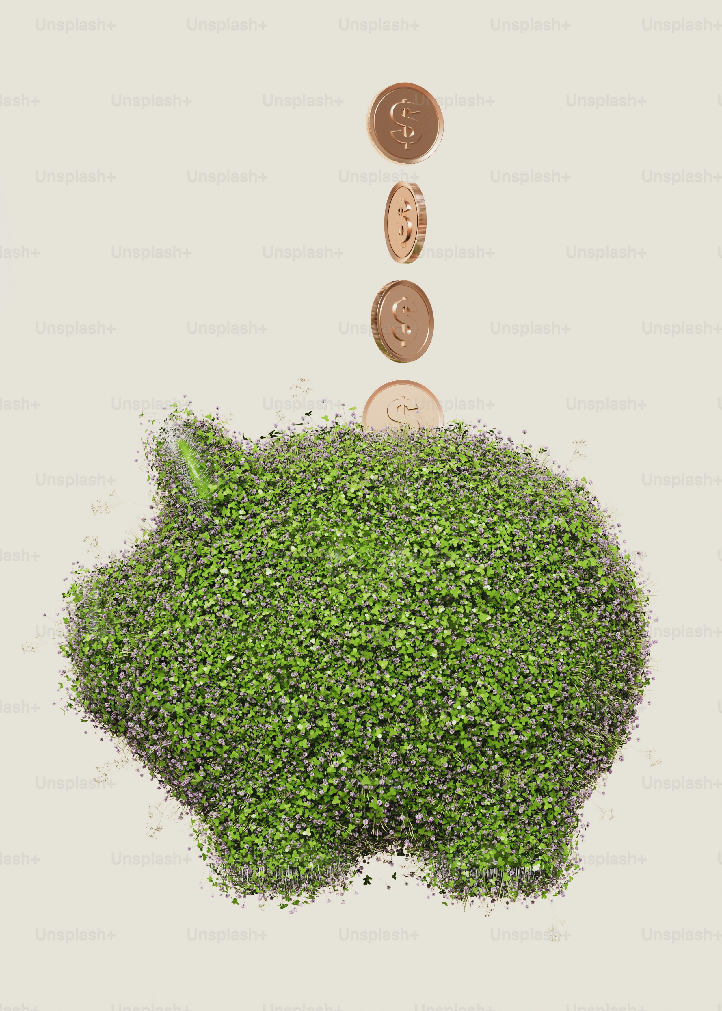 Coins are falling into a green, natural piggy bank.