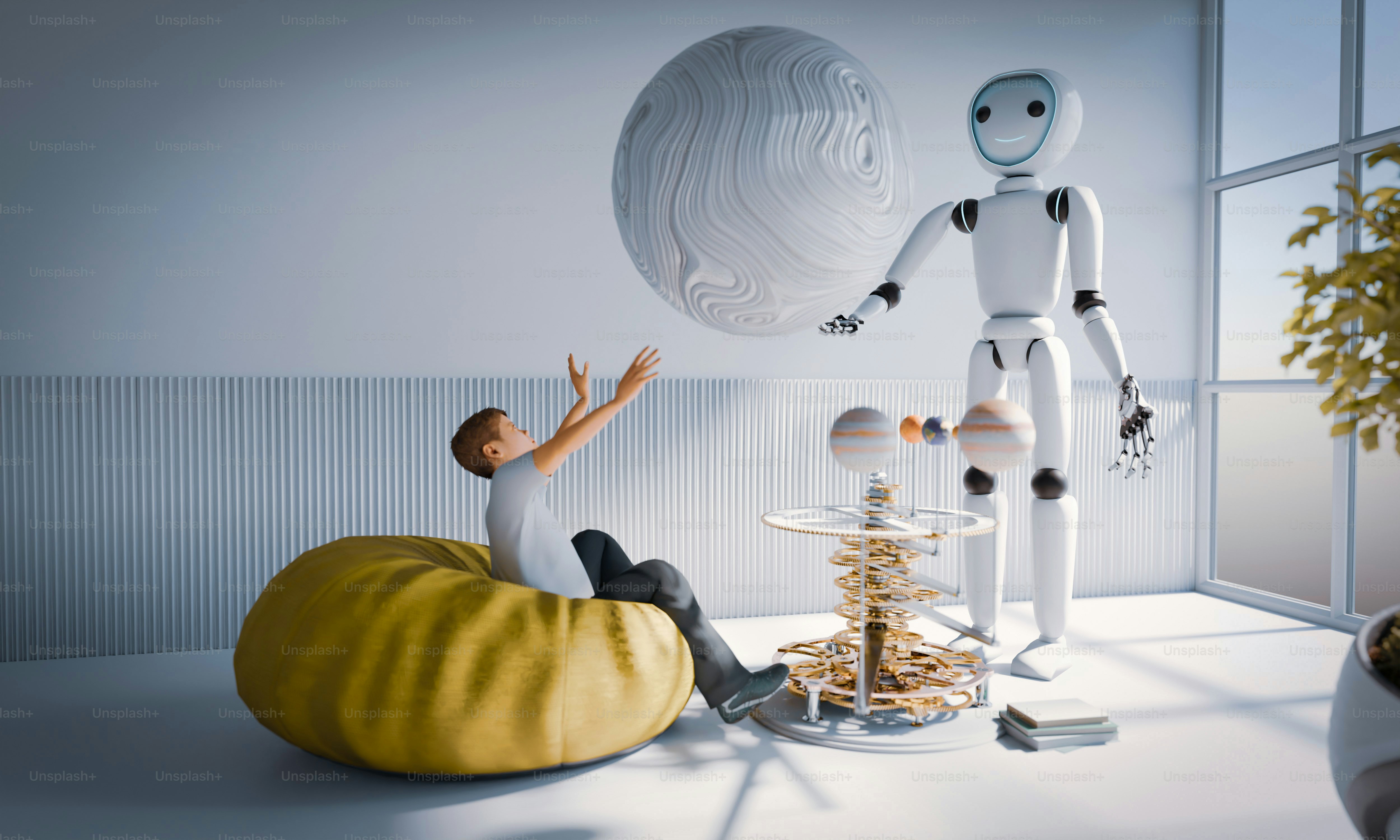 Robot and child play together in a modern room.