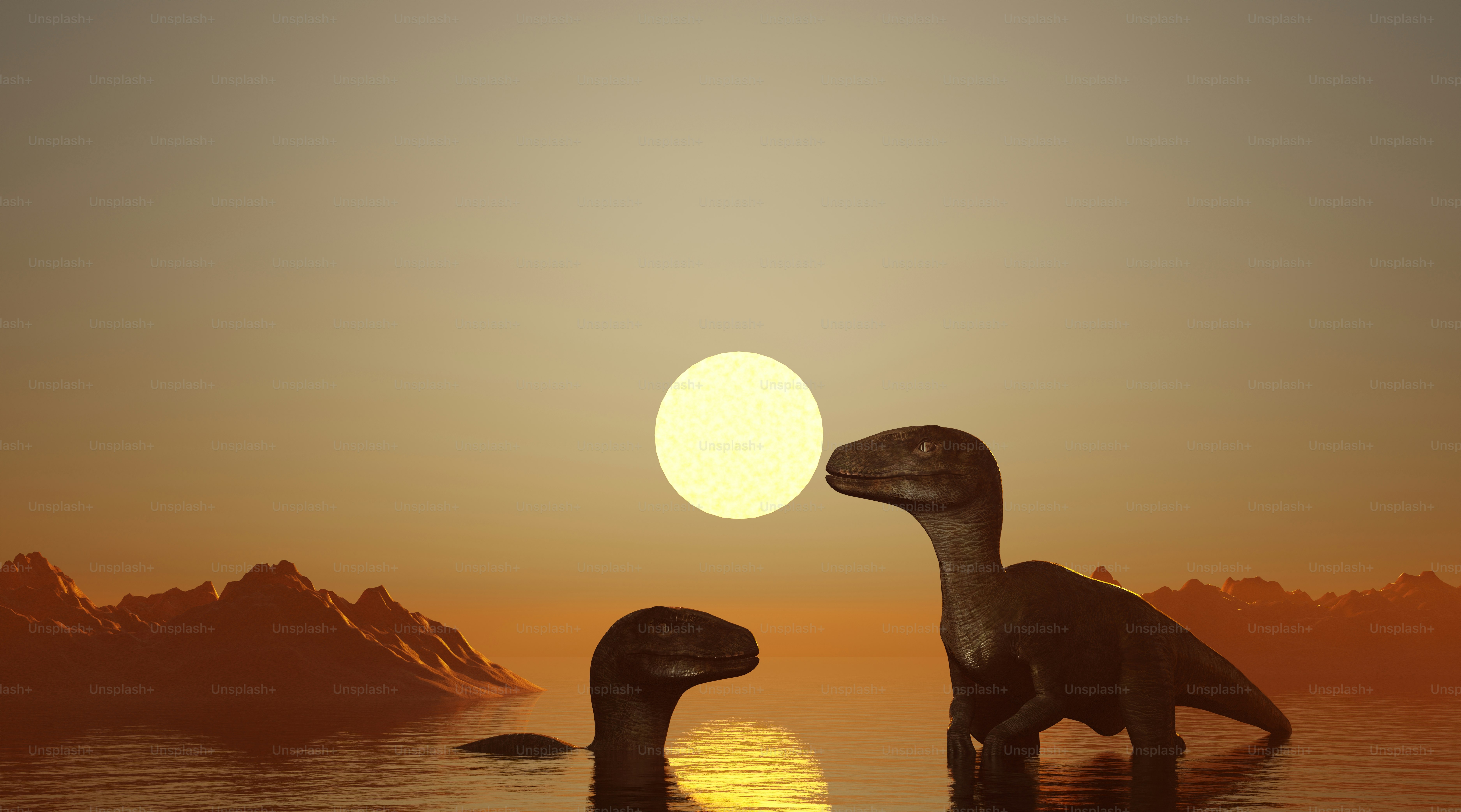 Les dinosaures regardent le coucher de soleil dans un lac.