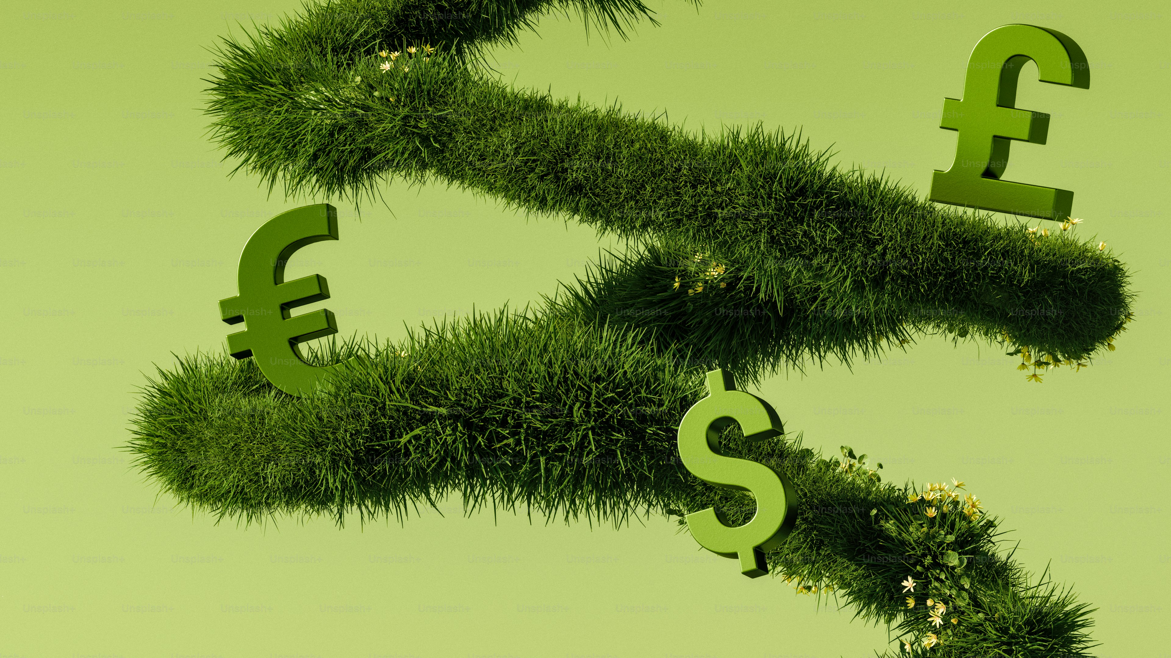 I simboli delle valute sono fatti di erba.