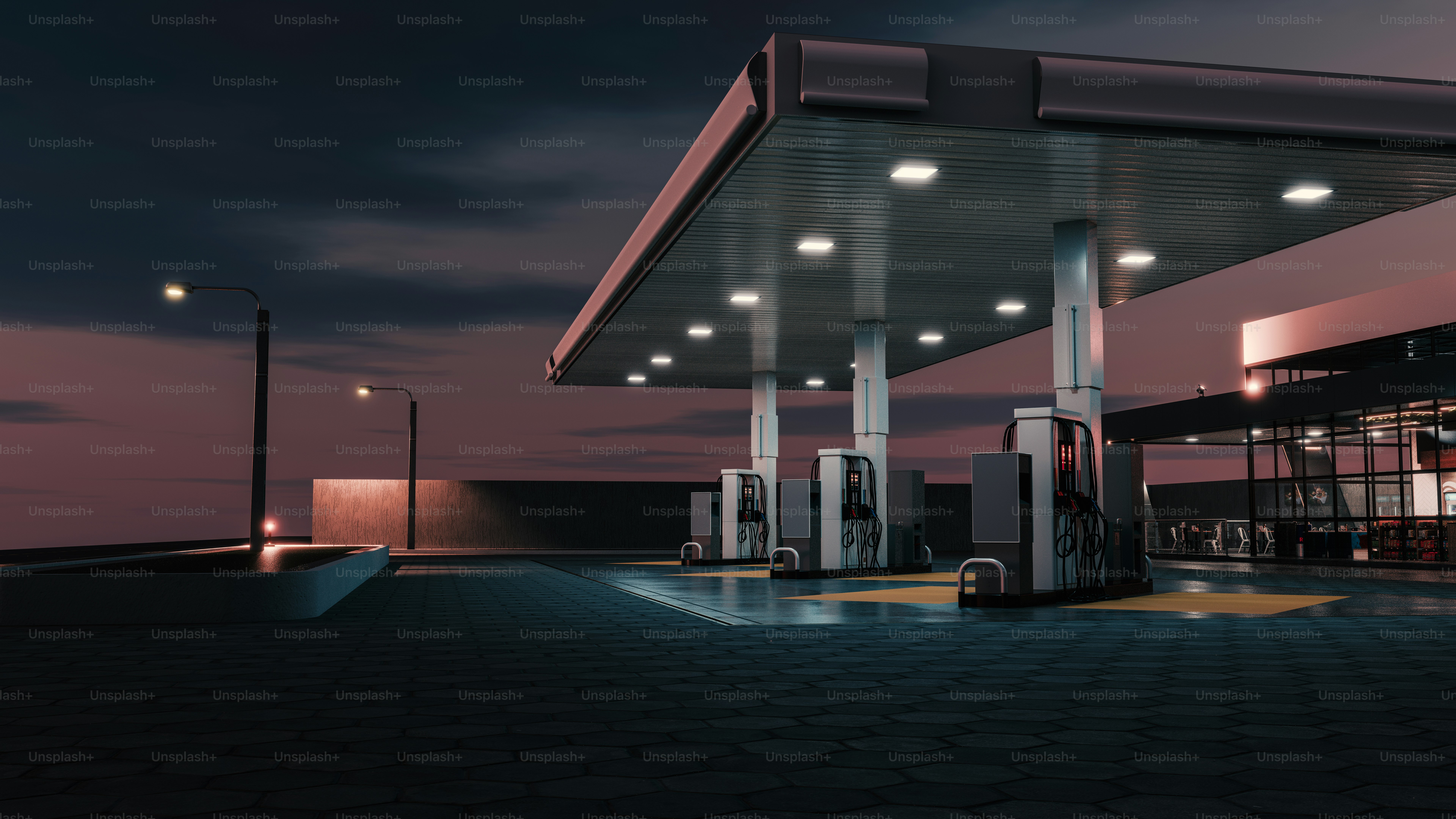 Gas station at night under a dark sky.