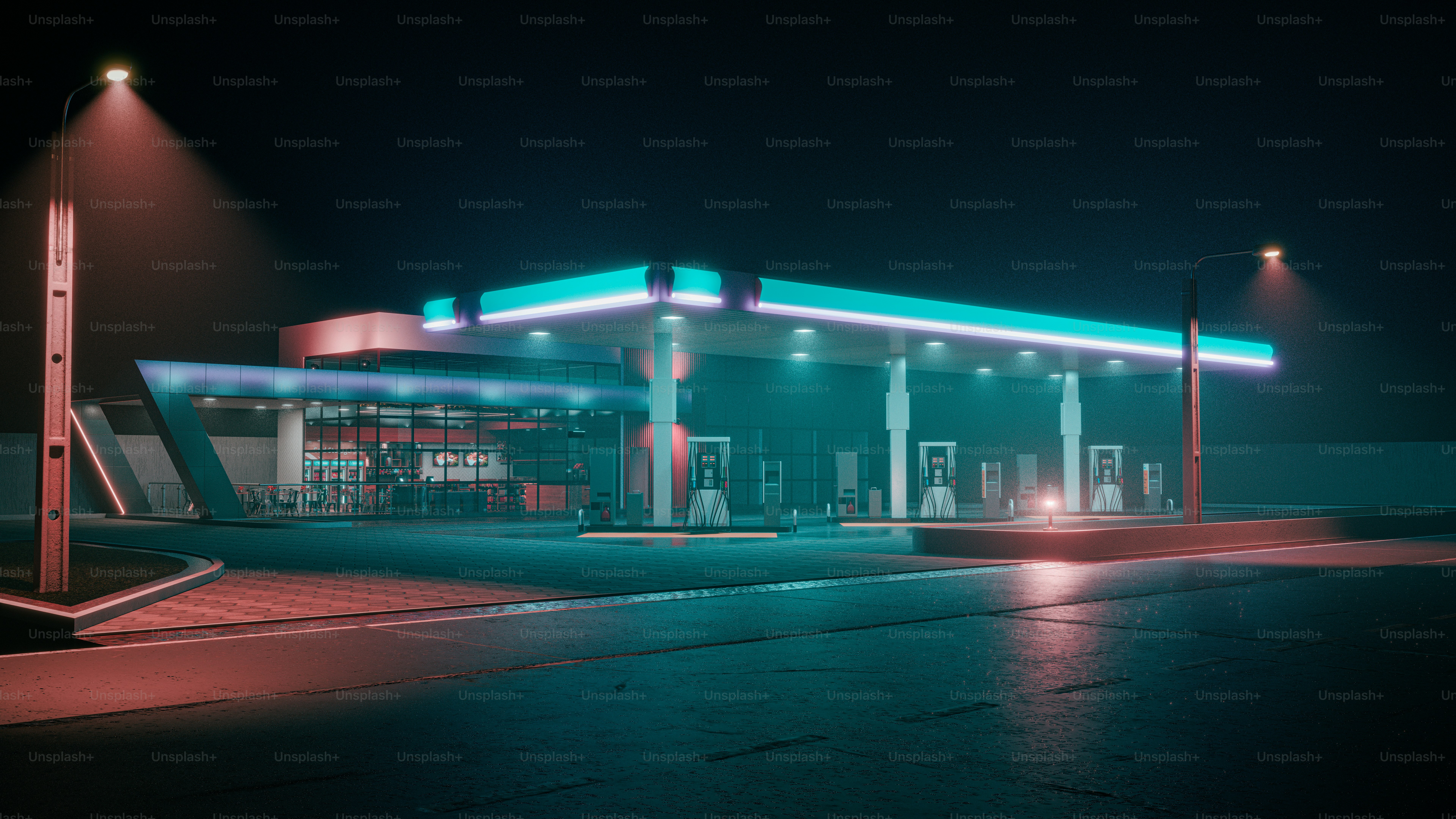 A gas station is lit up at night.