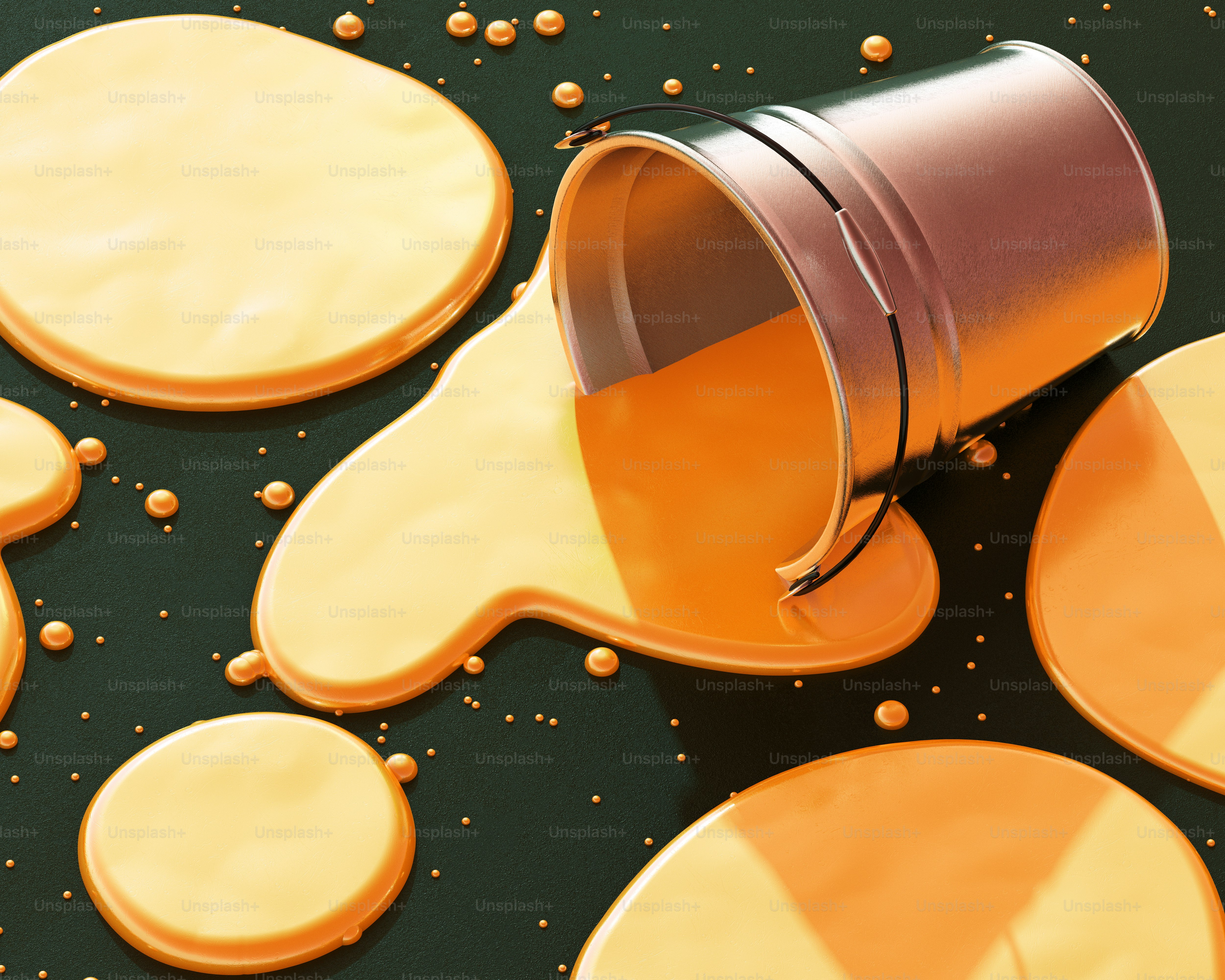 Paint bucket spilled, creating a colorful mess.