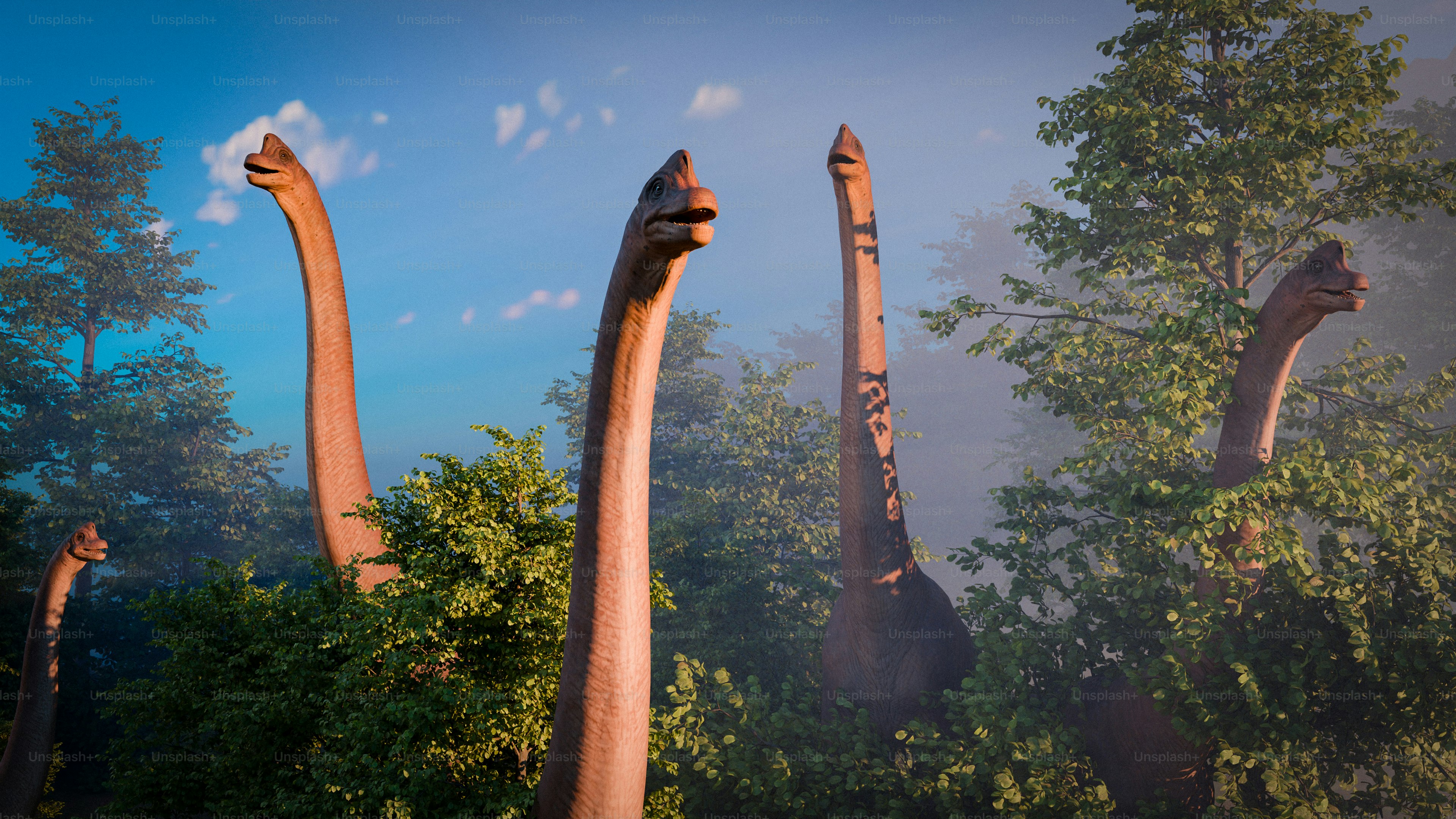 Dinosaurs poke their heads above the trees.