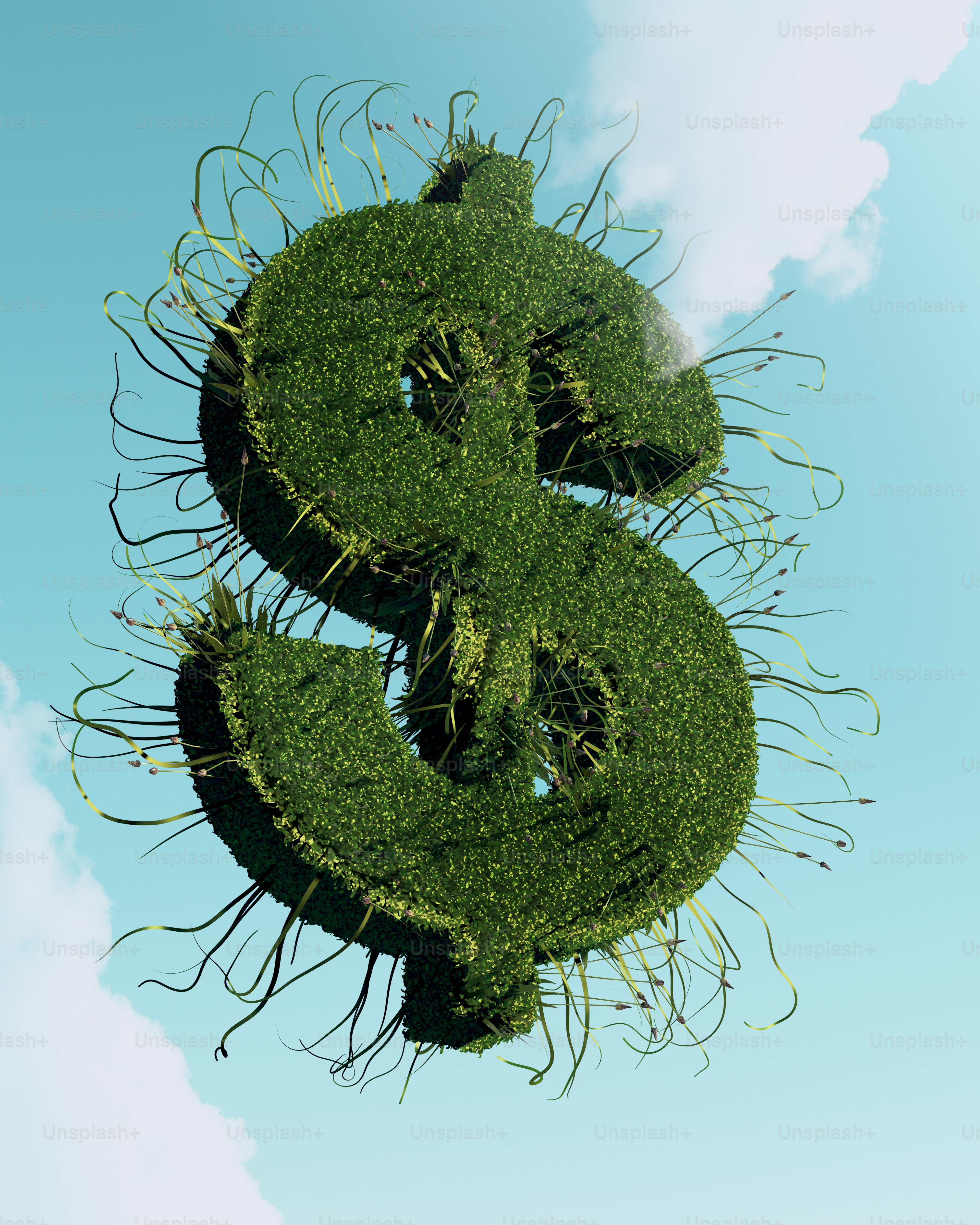 초록색 달러 기호가 구름 사이로 솟아오른다. 사진 – Unsplash의 금융 이미지, image size:3000x3750