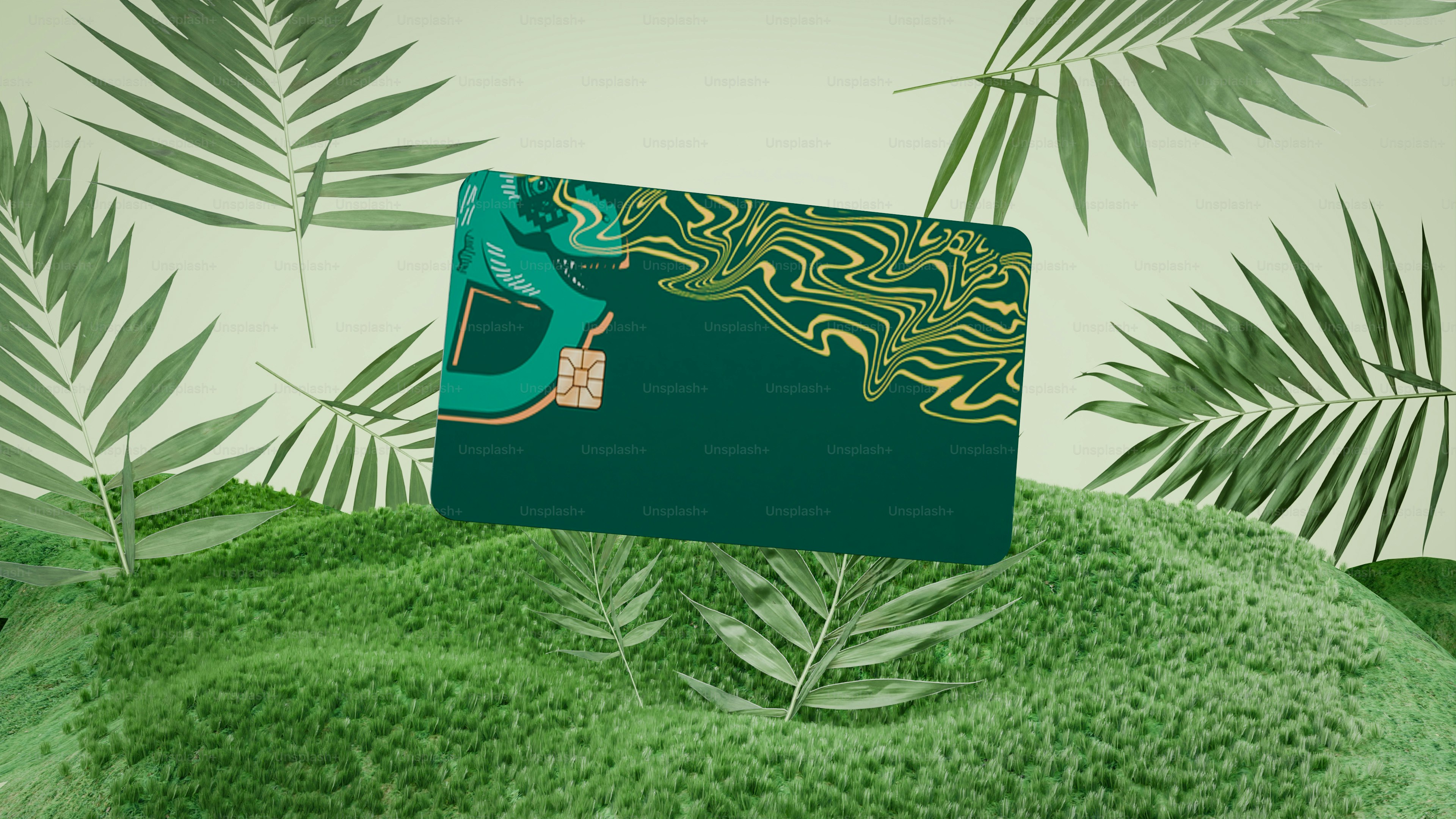 Una carta di credito verde circondata dal fogliame.