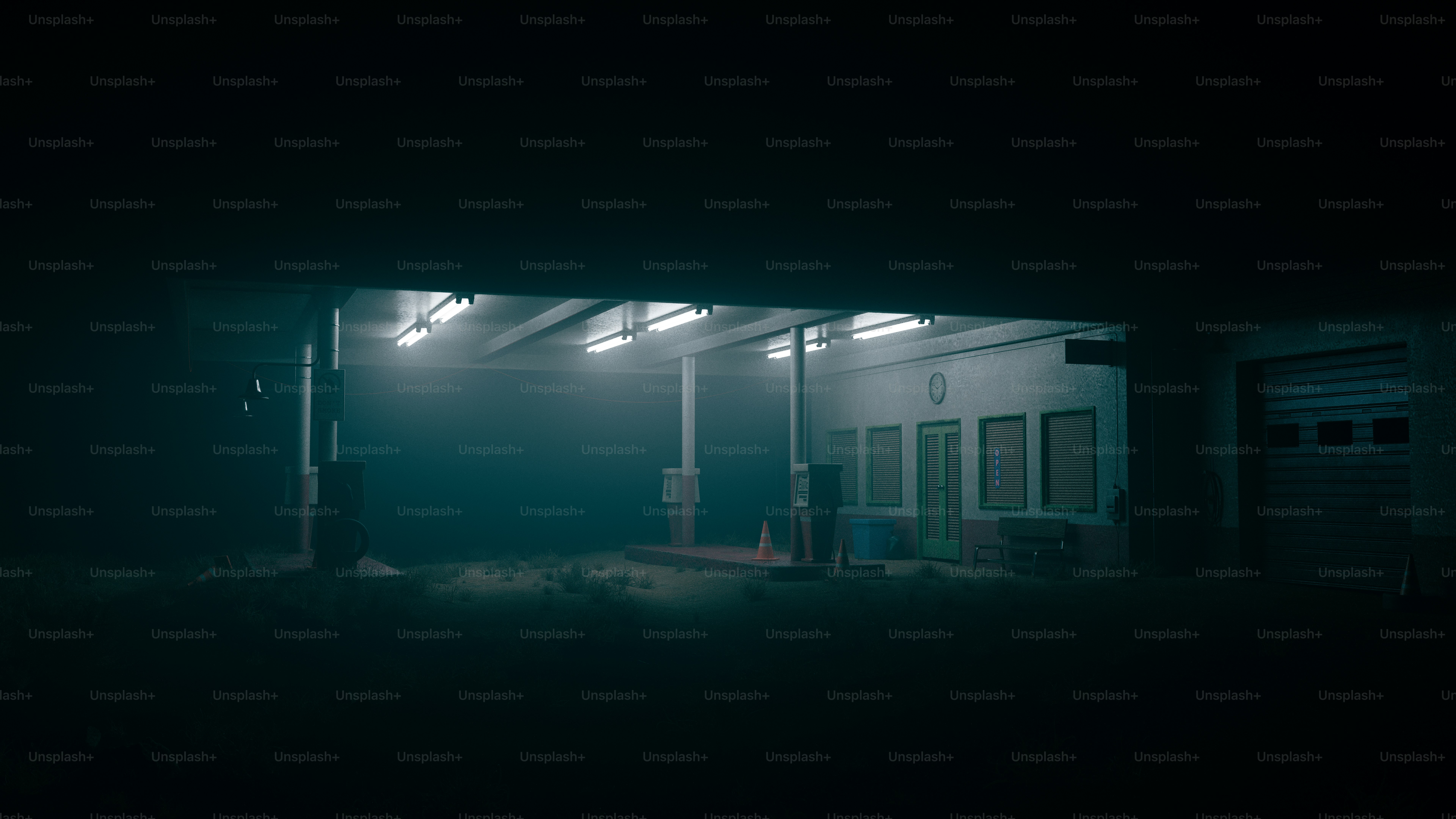 An abandoned gas station at night, glowing eerily.