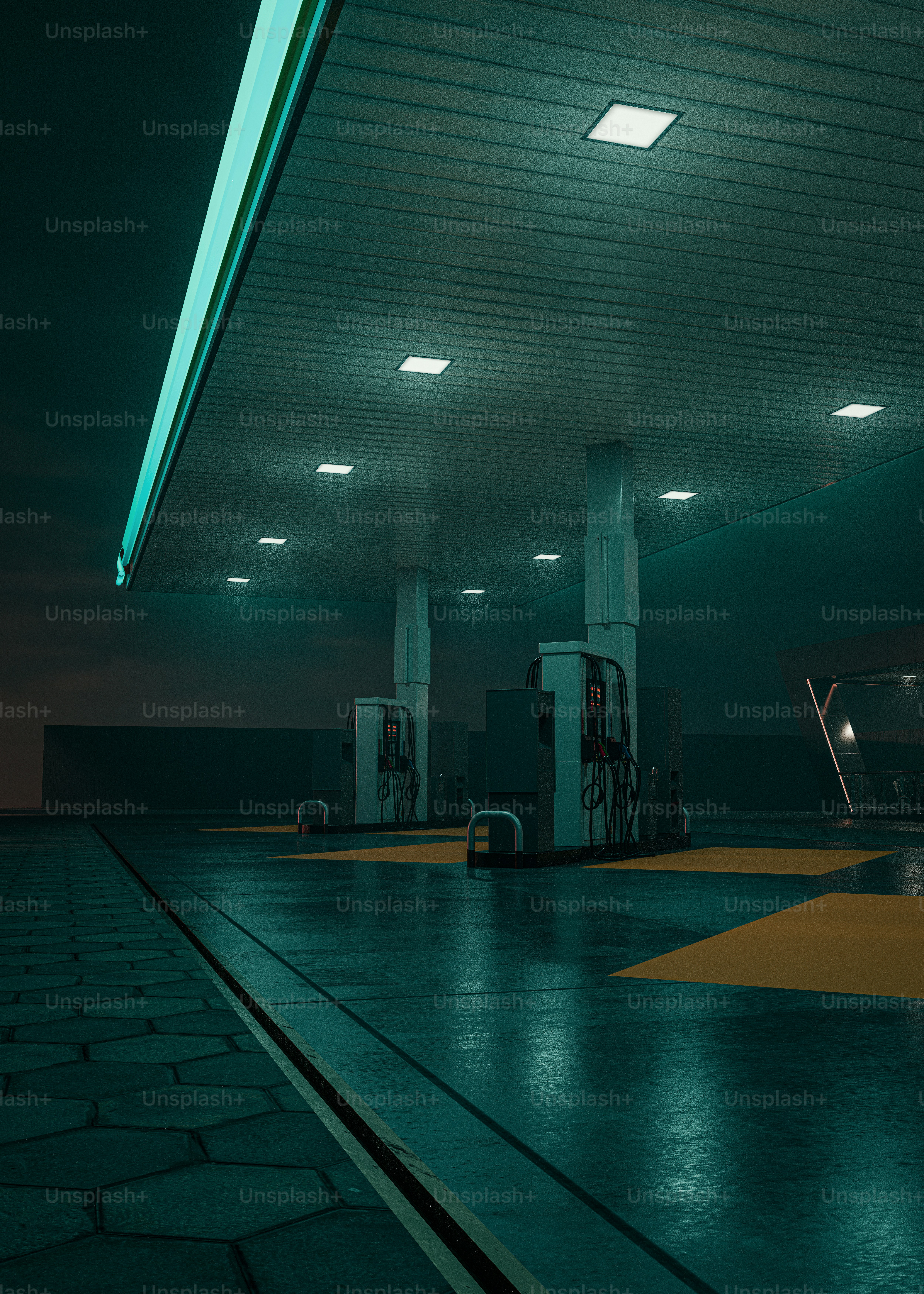 Una gasolinera, sombría e iluminada por luz artificial.