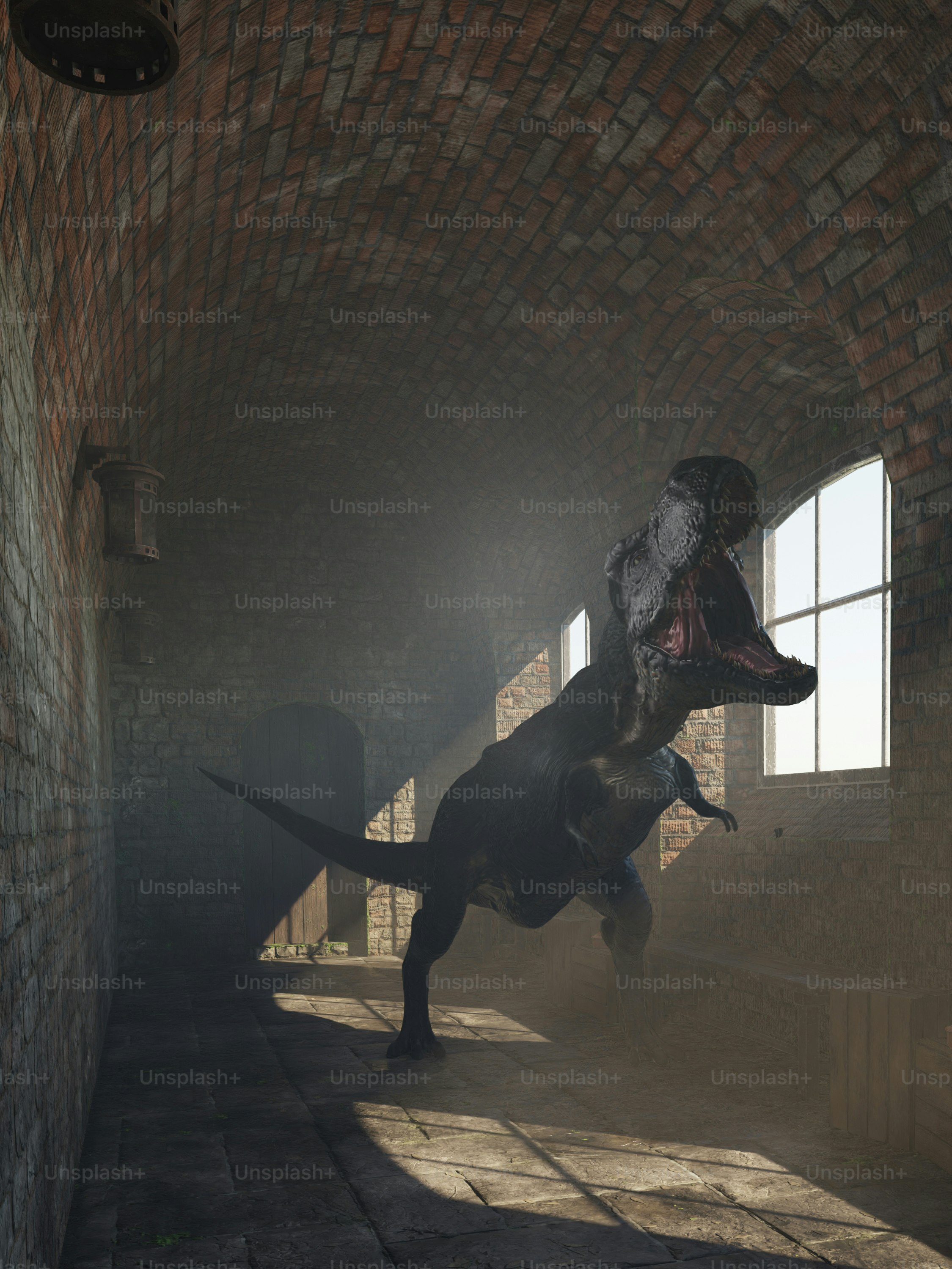 A tyrannosaurus rex roars inside a tunnel.