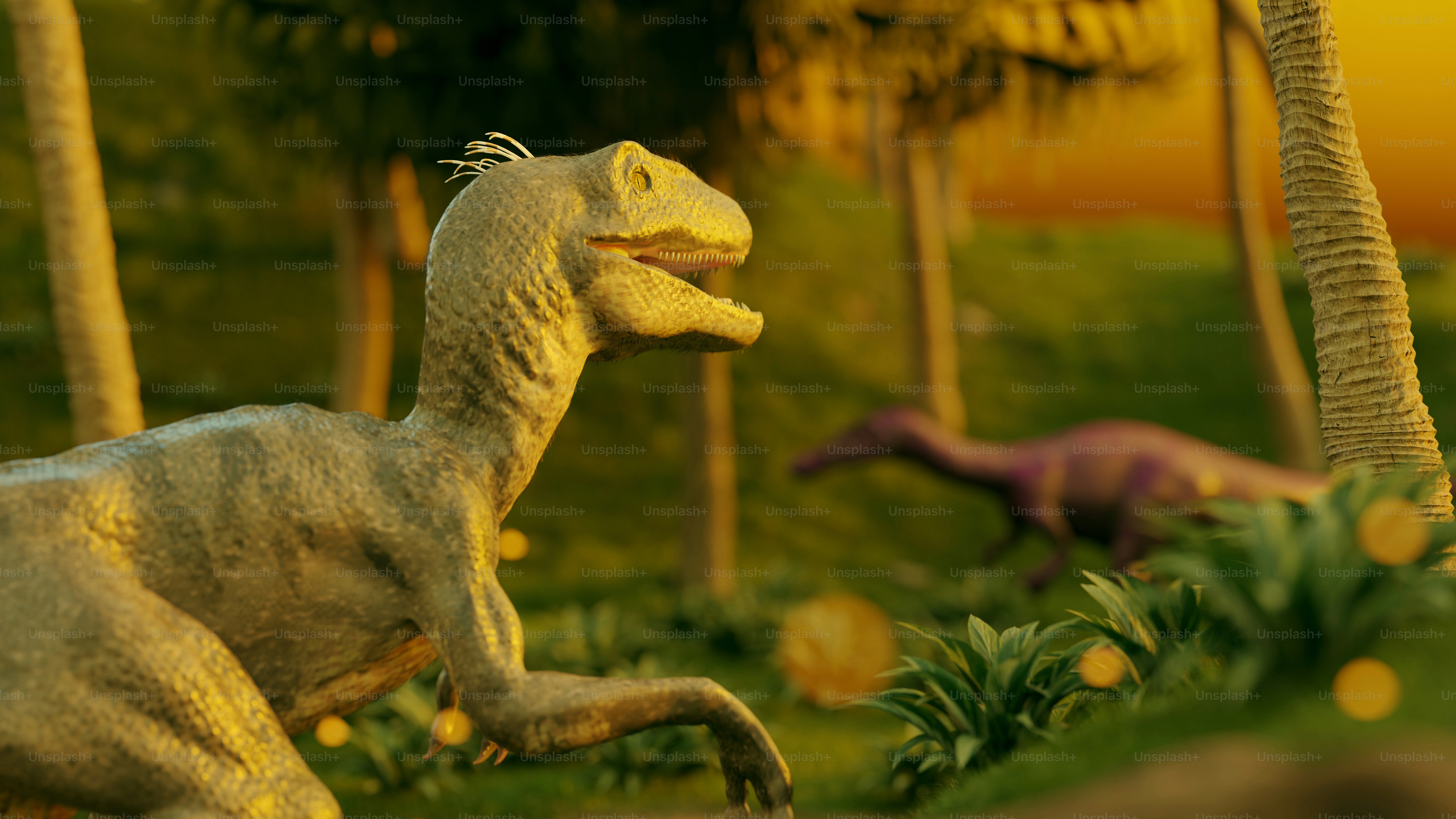 Dinosaurus berada di pemandangan hutan saat matahari terbenam.