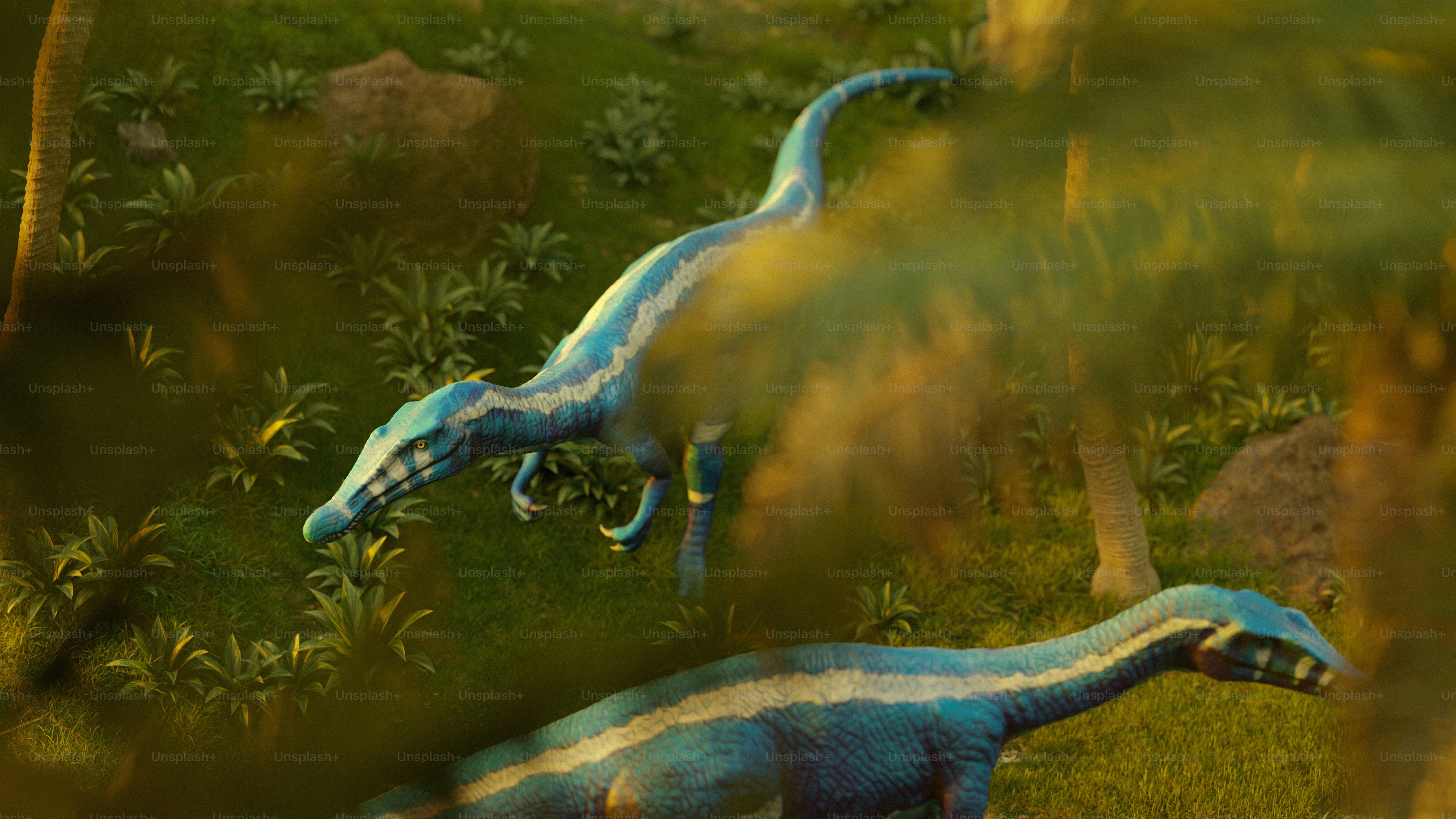 Dua dinosaurus biru sedang berjalan melalui hutan.
