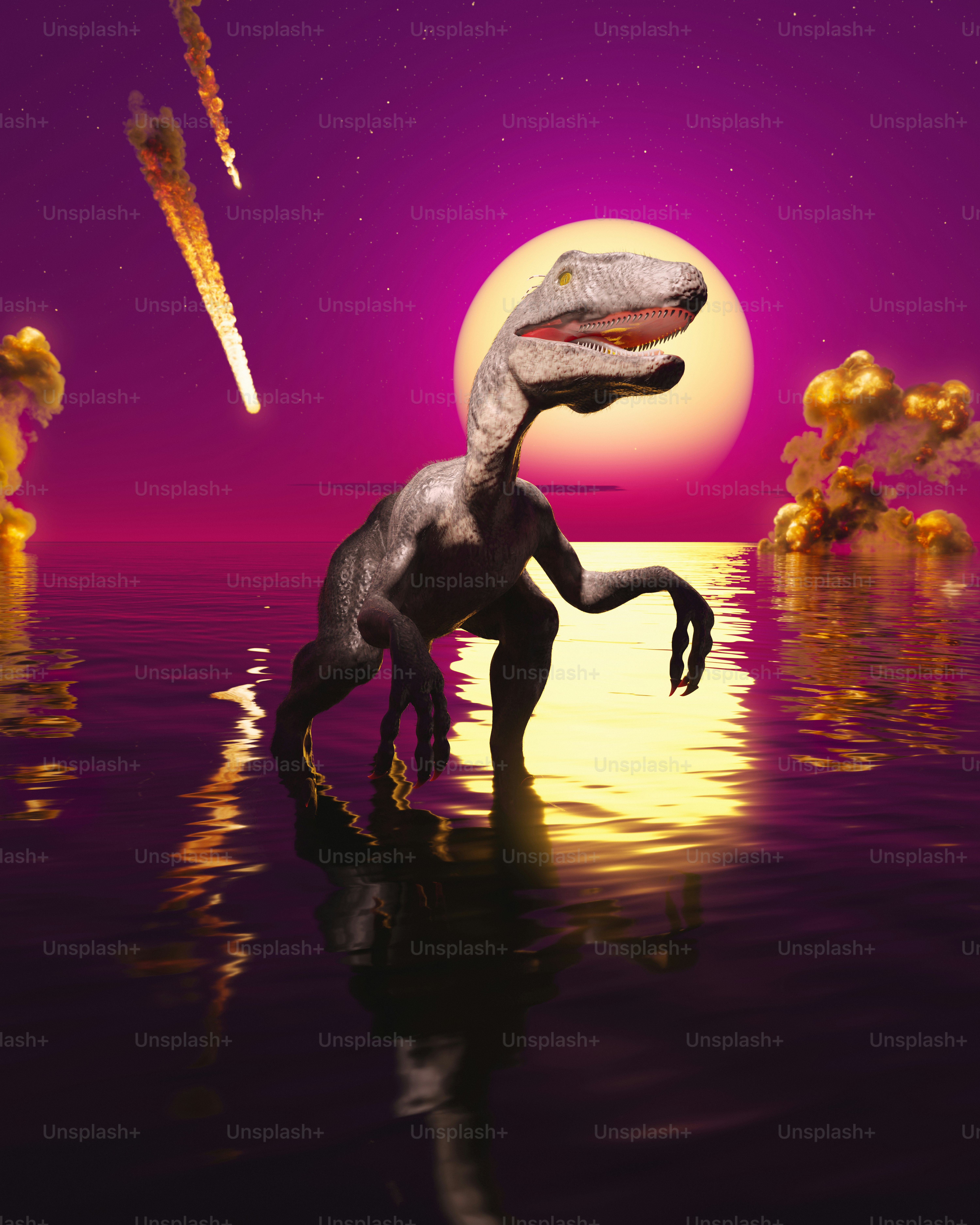 Les dinosaures regardent la pluie de météores pendant la fin des temps.