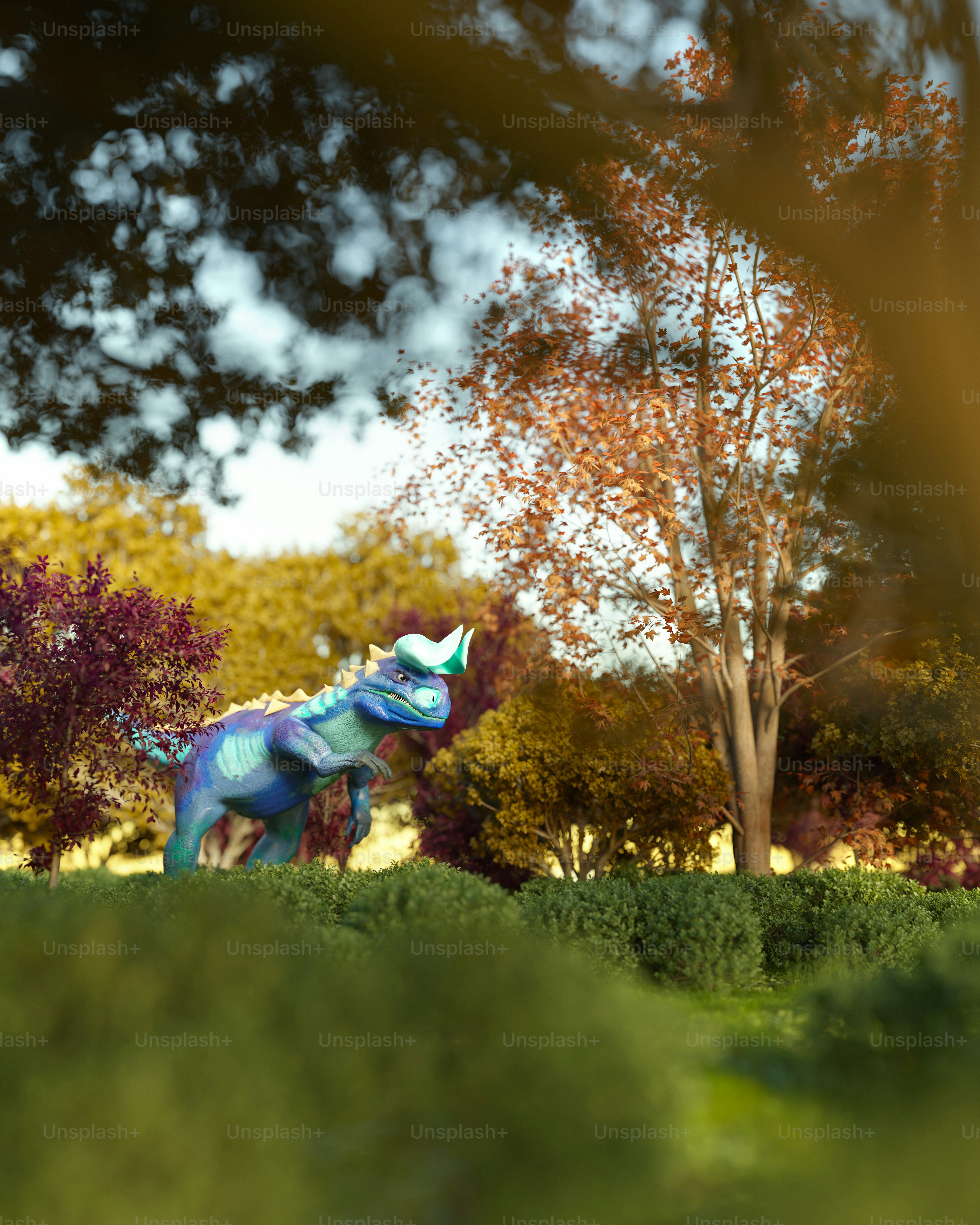 A blue dinosaur runs in a colorful forest.