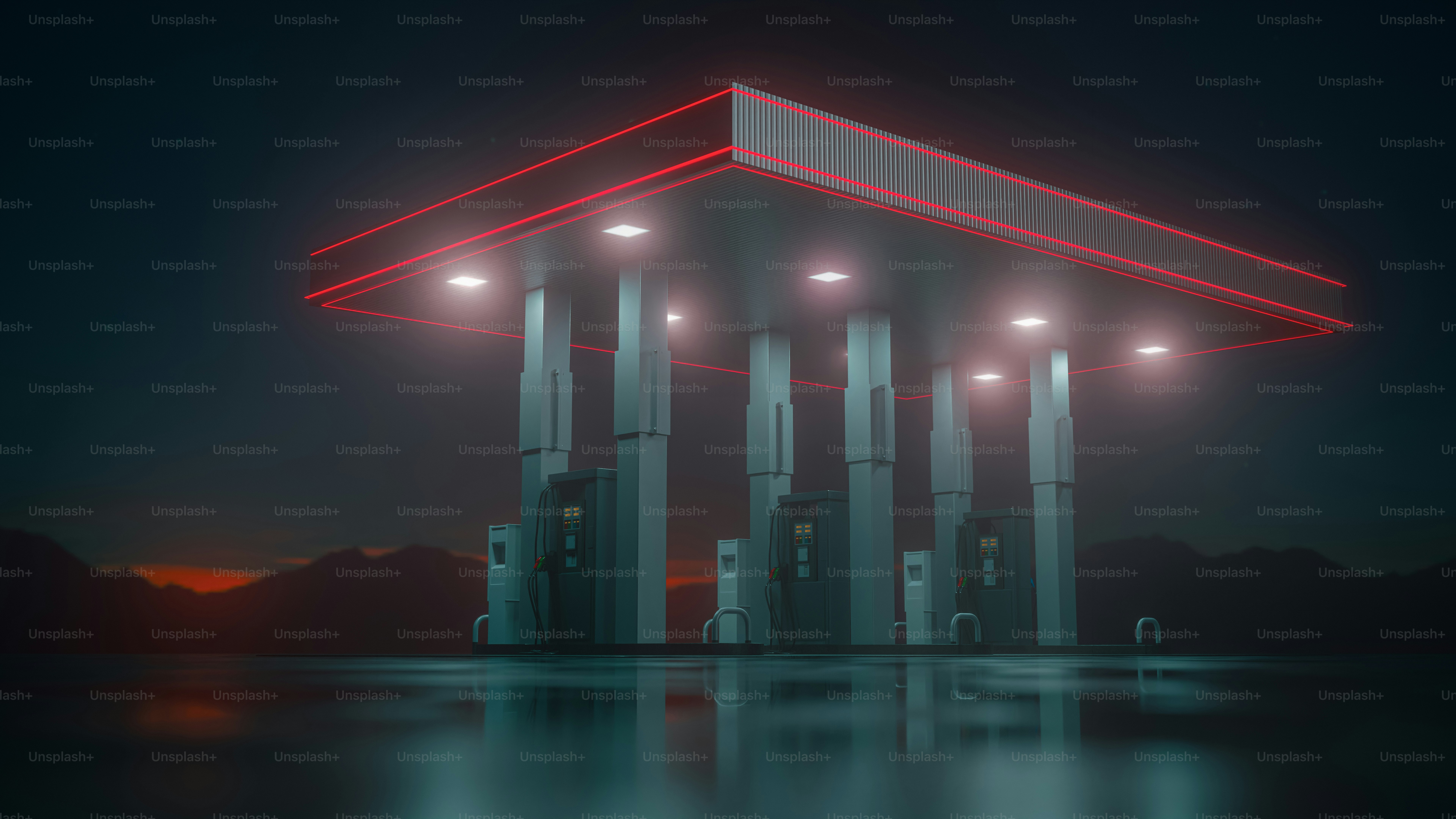 A neon-lit gas station at dusk.