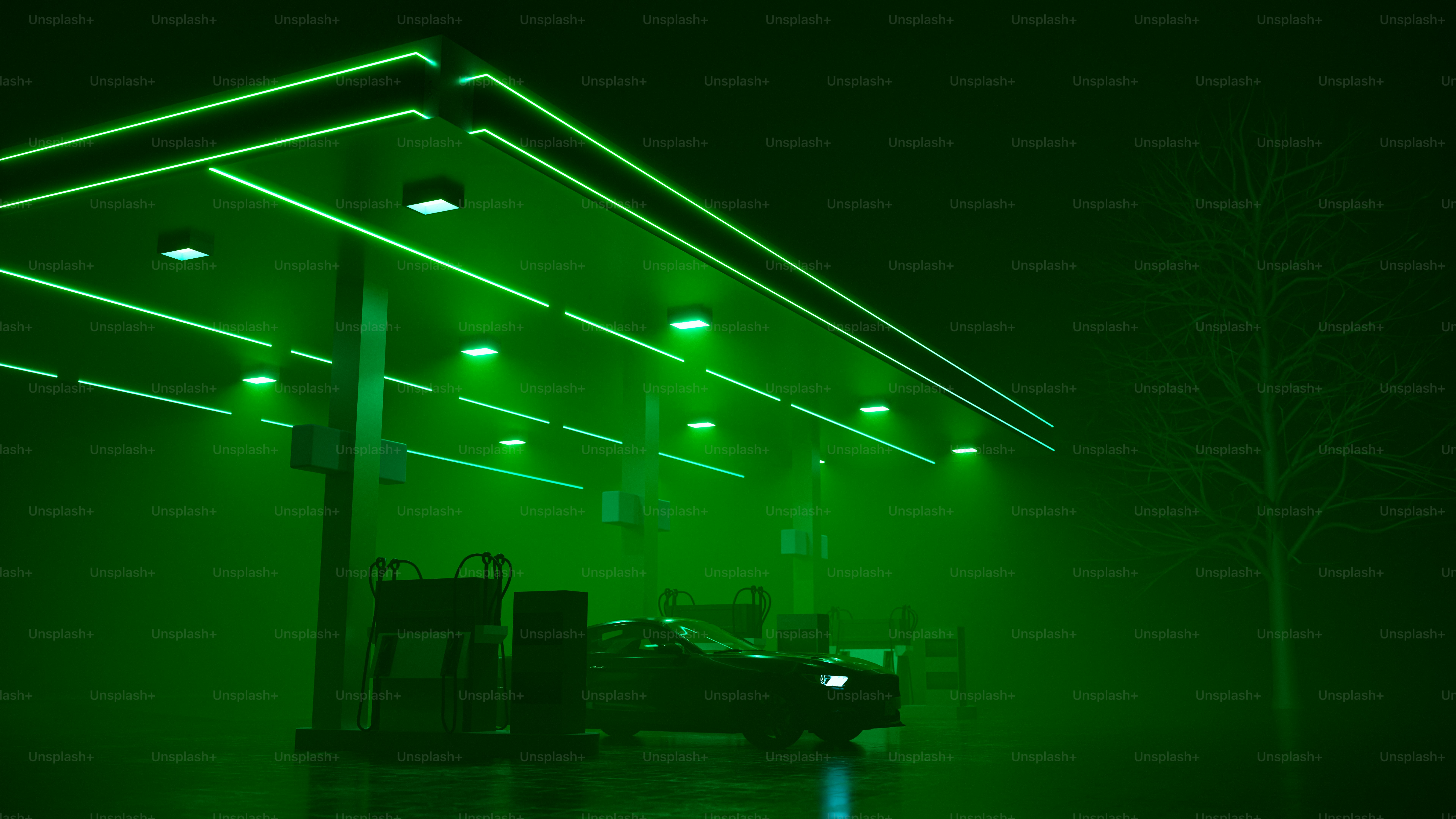 A gas station in a mystical green hue.