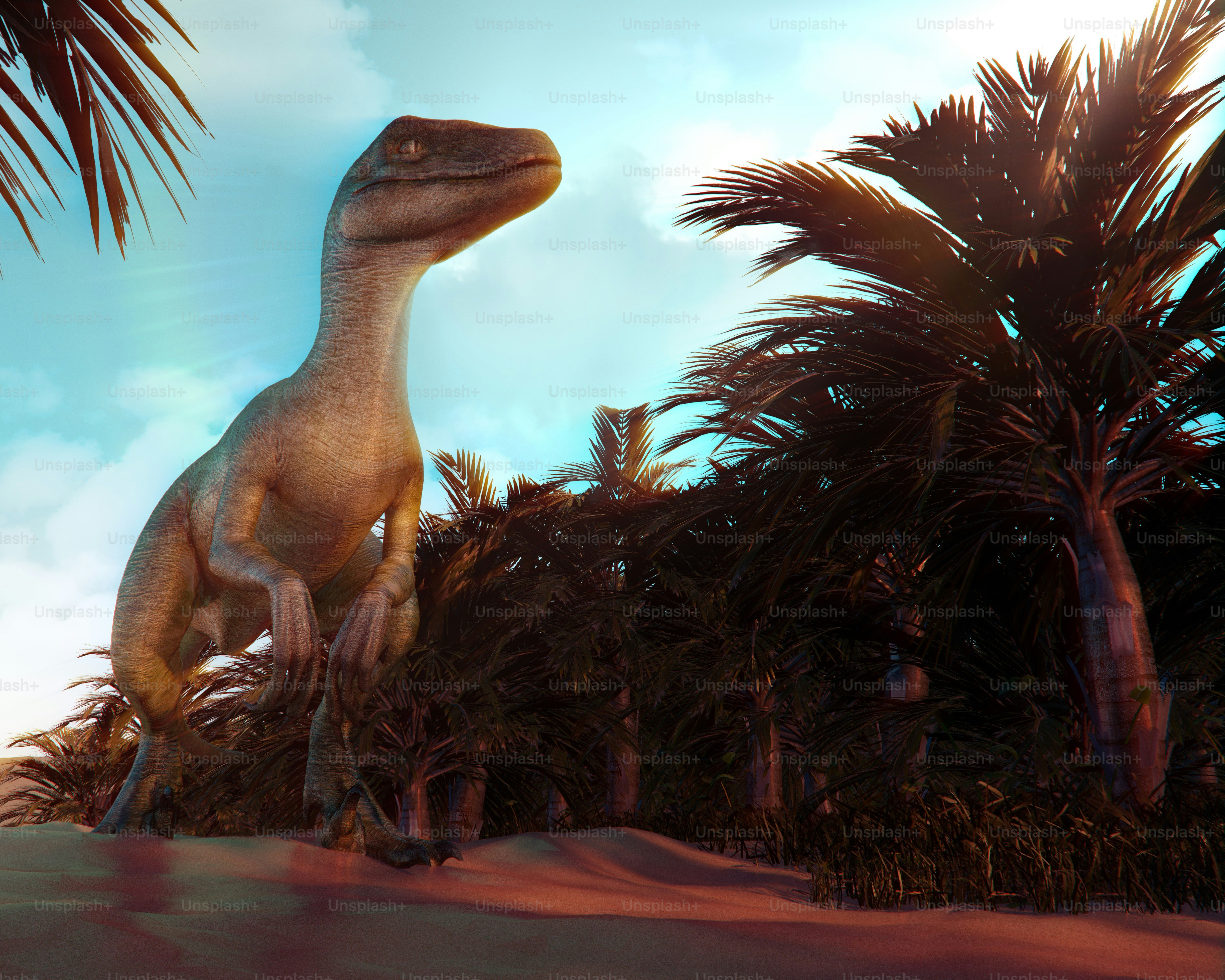 맹금류는 선사 시대 열대 풍경에 서 있습니다.