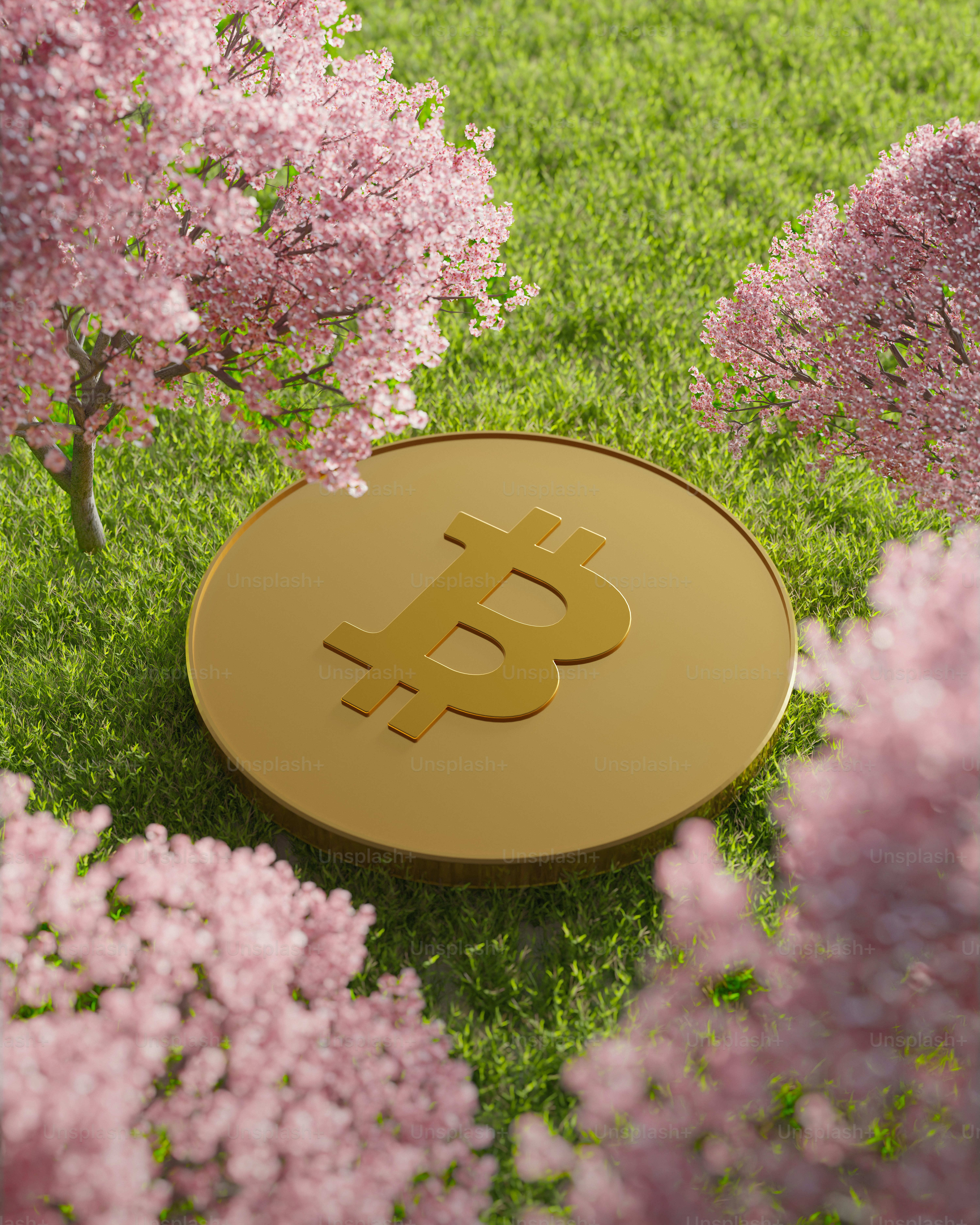Bitcoin coin sits amongst spring blossoms.