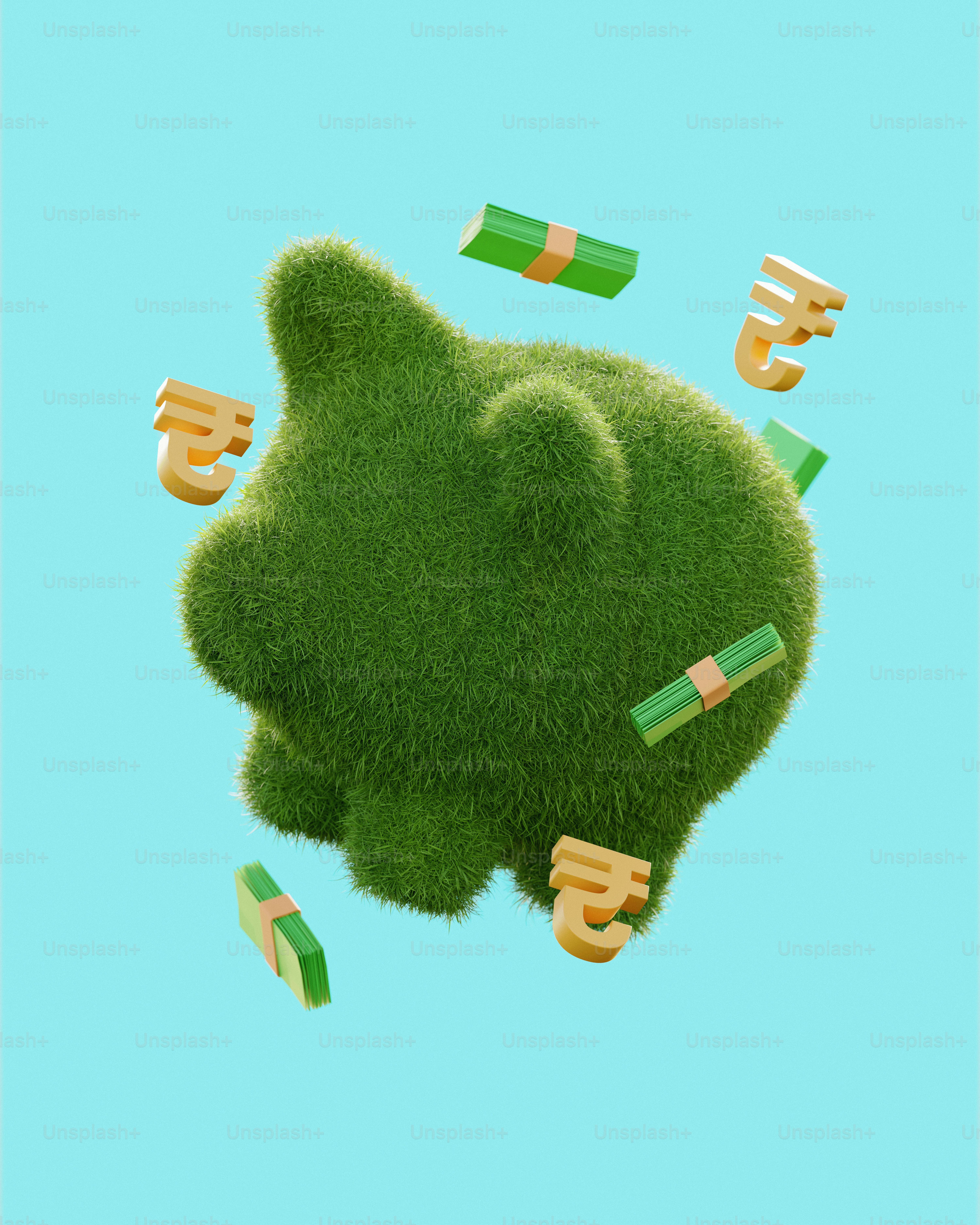 A Piggy Bank Covered in Green Grass, Surrounded by ₹ Symbols and Stacks of Notes, Representing Sustainable Wealth.