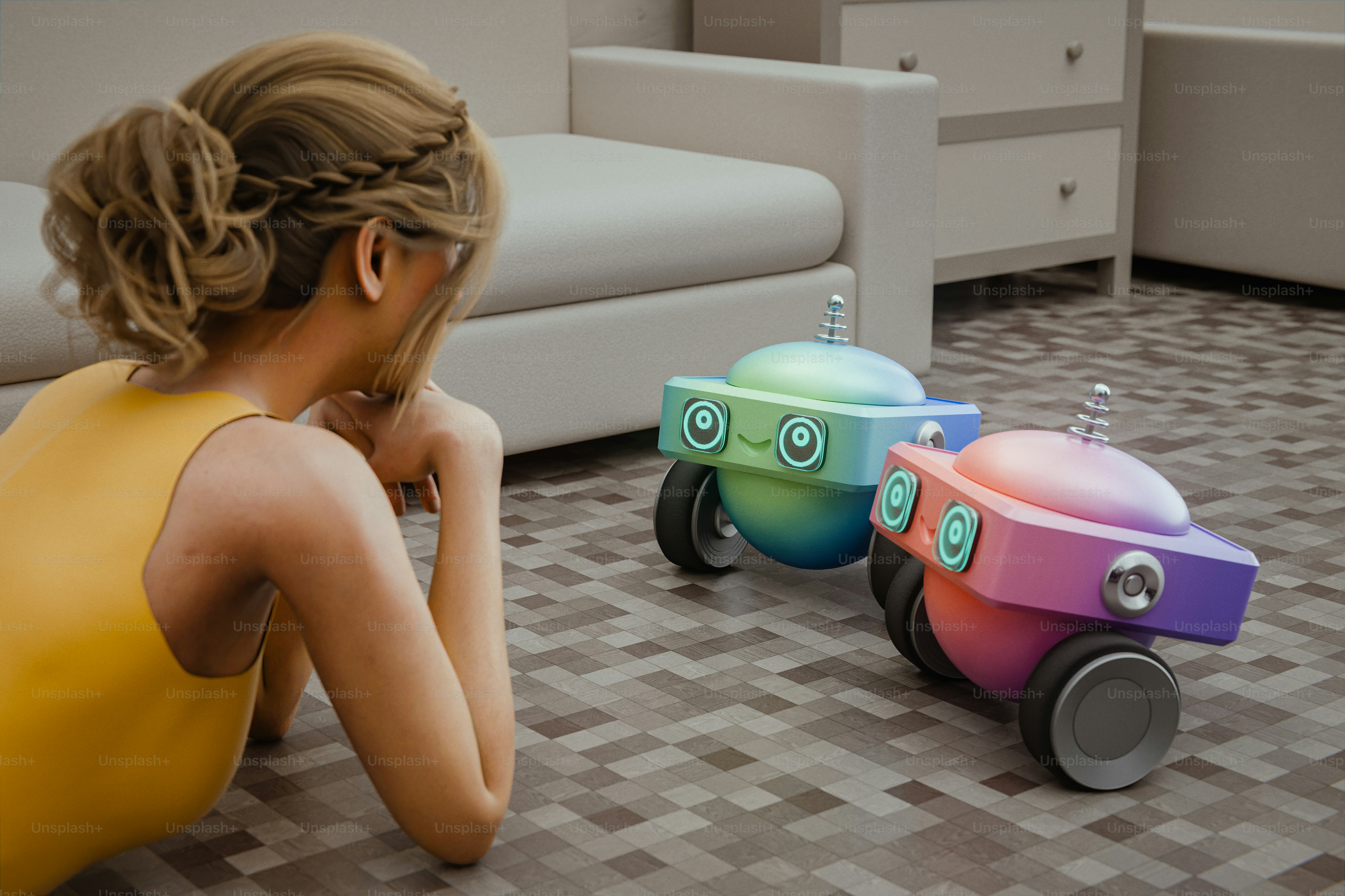 Woman looks at two colorful robot toys.