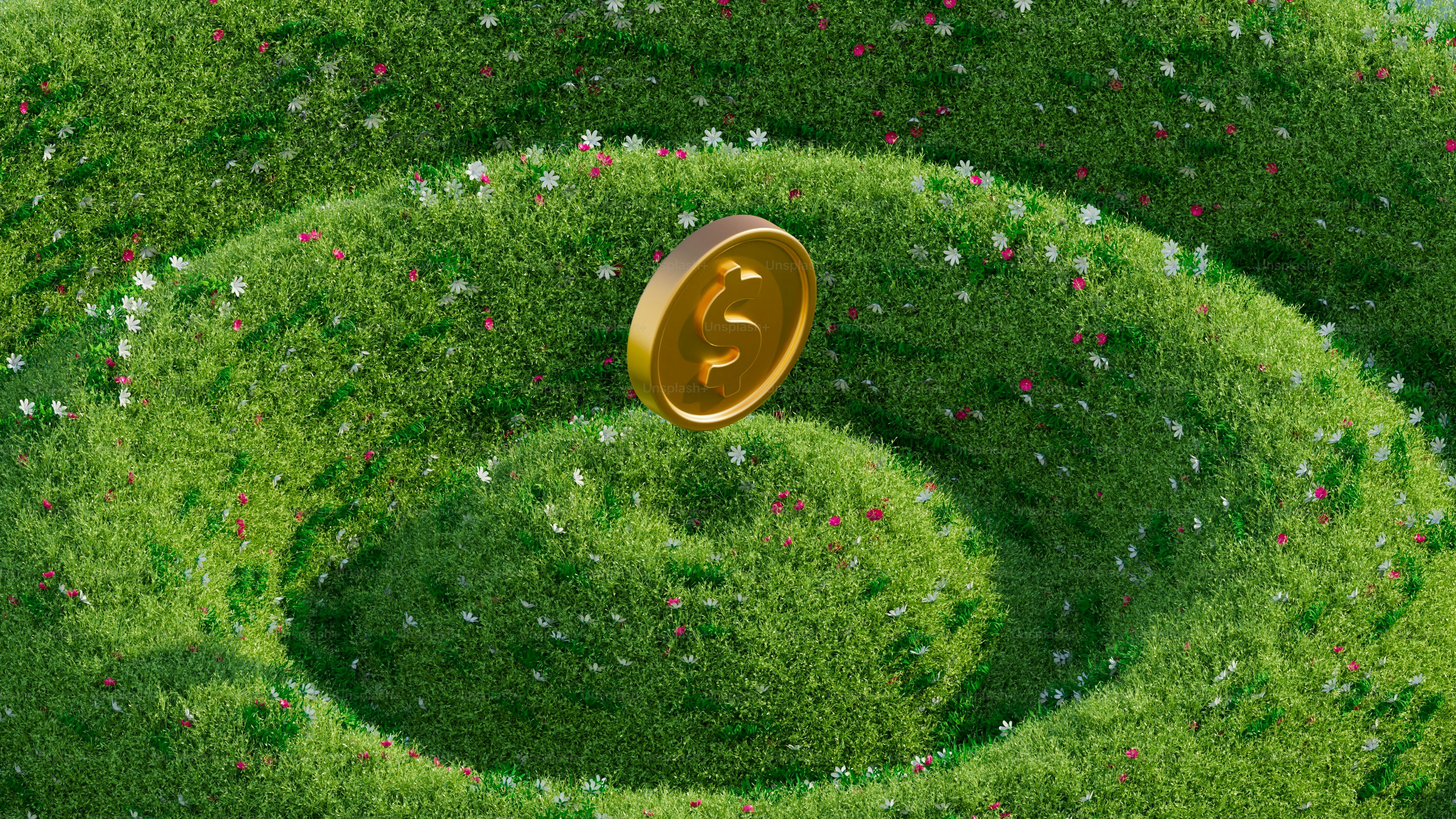 A golden coin floats above a lush, green labyrinth.