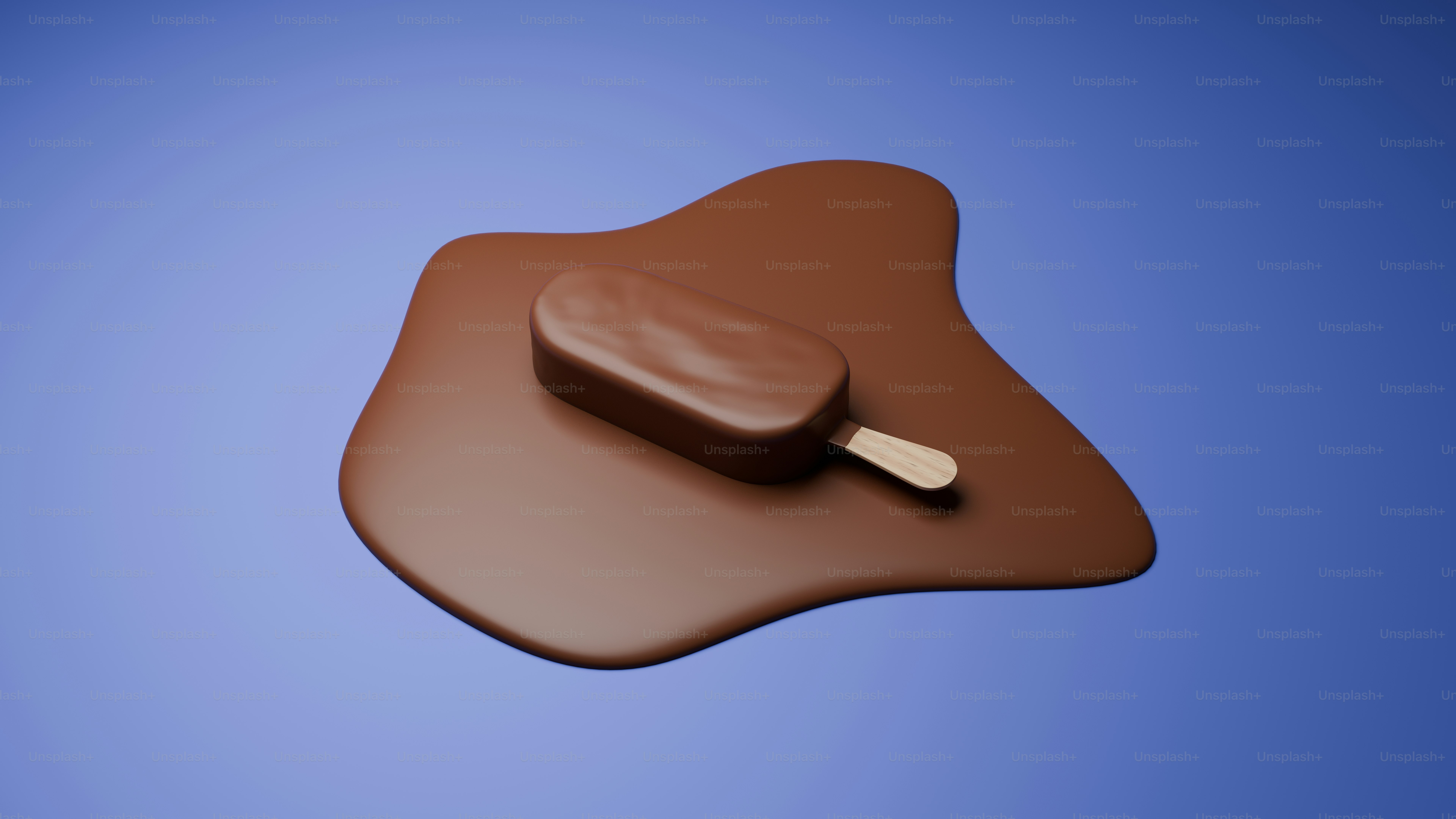Chocolate popsicle melting on blue surface.