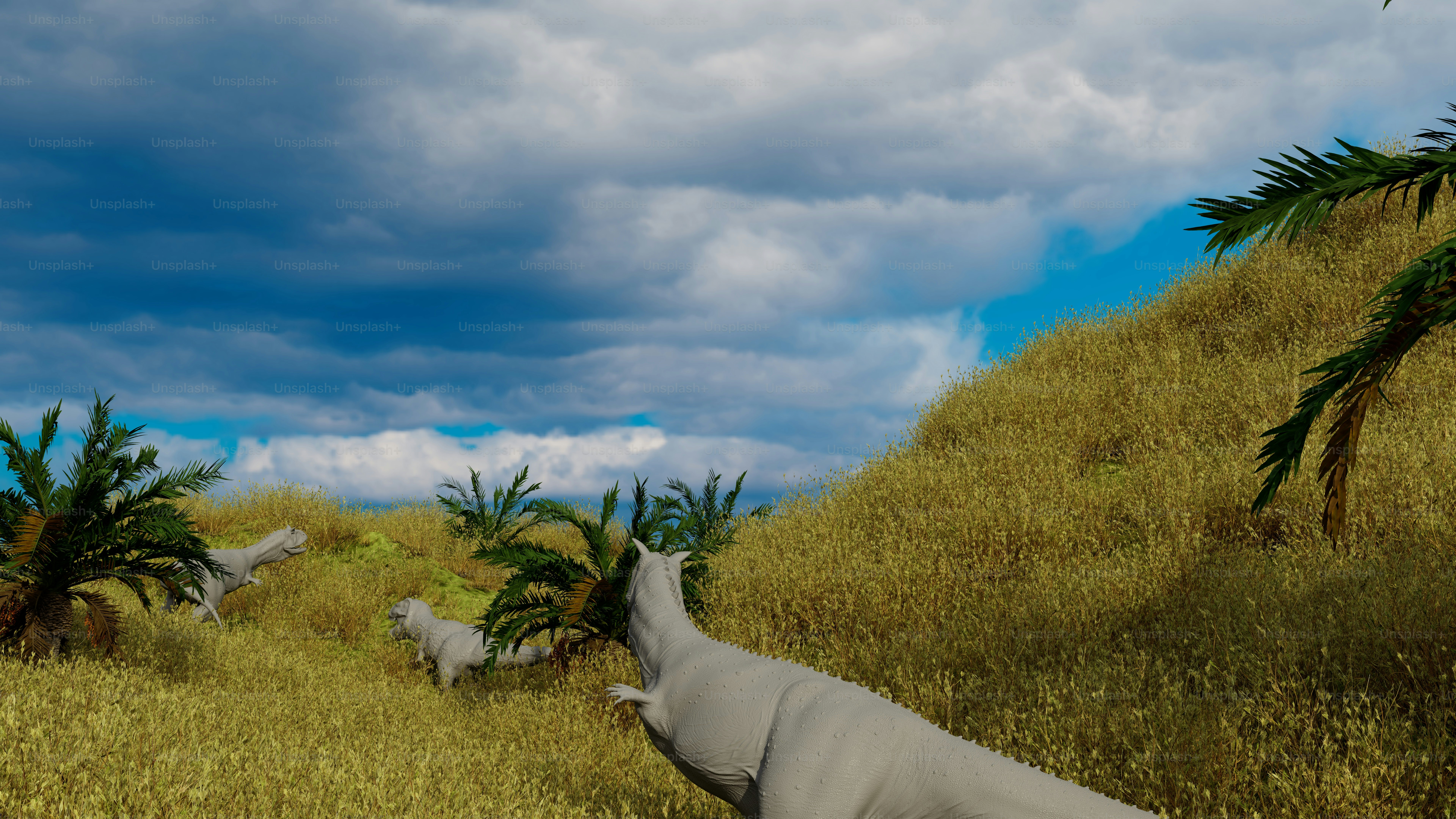 Dinosaurs are roaming in a grassy field
