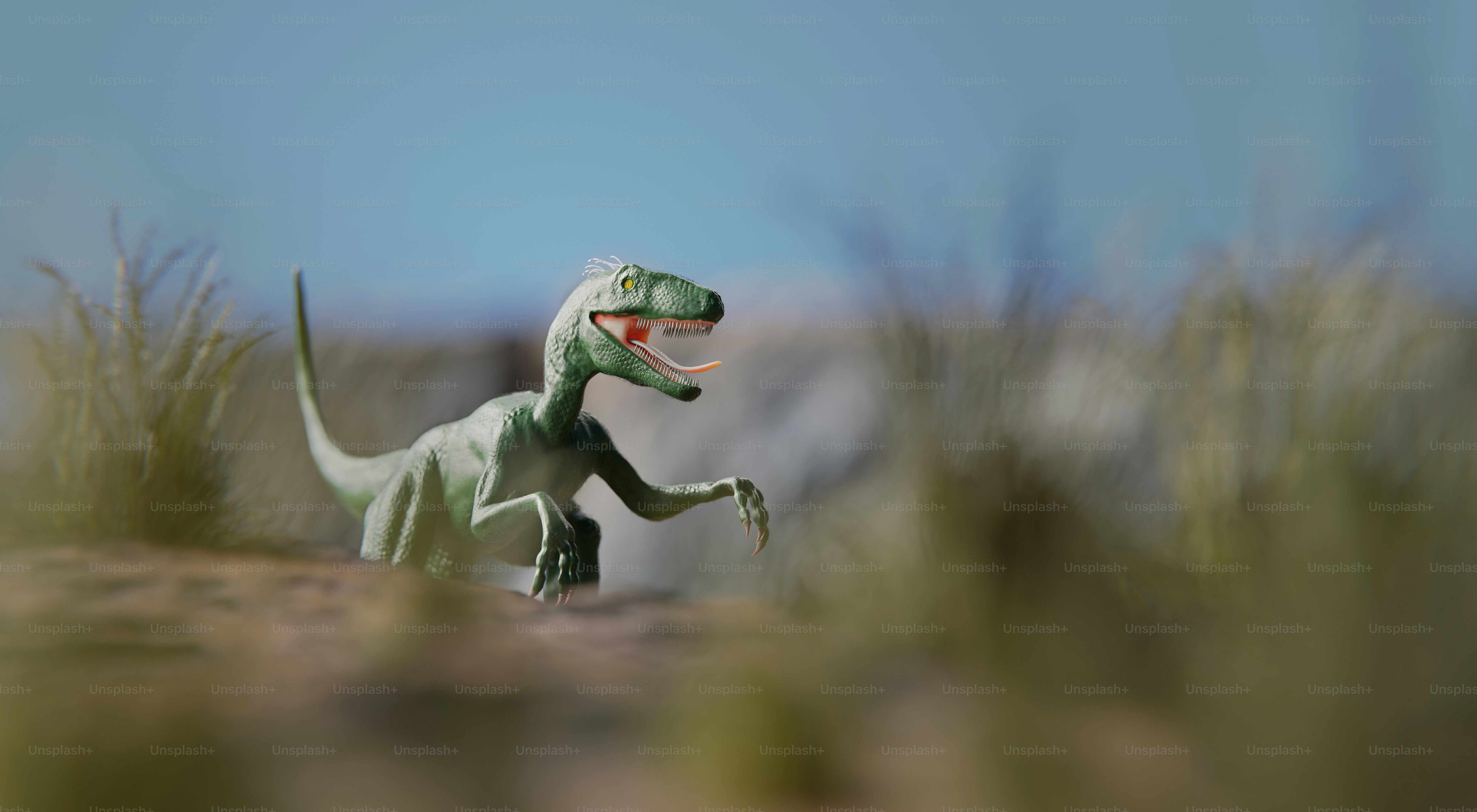 A dinosaur roams among the grass.