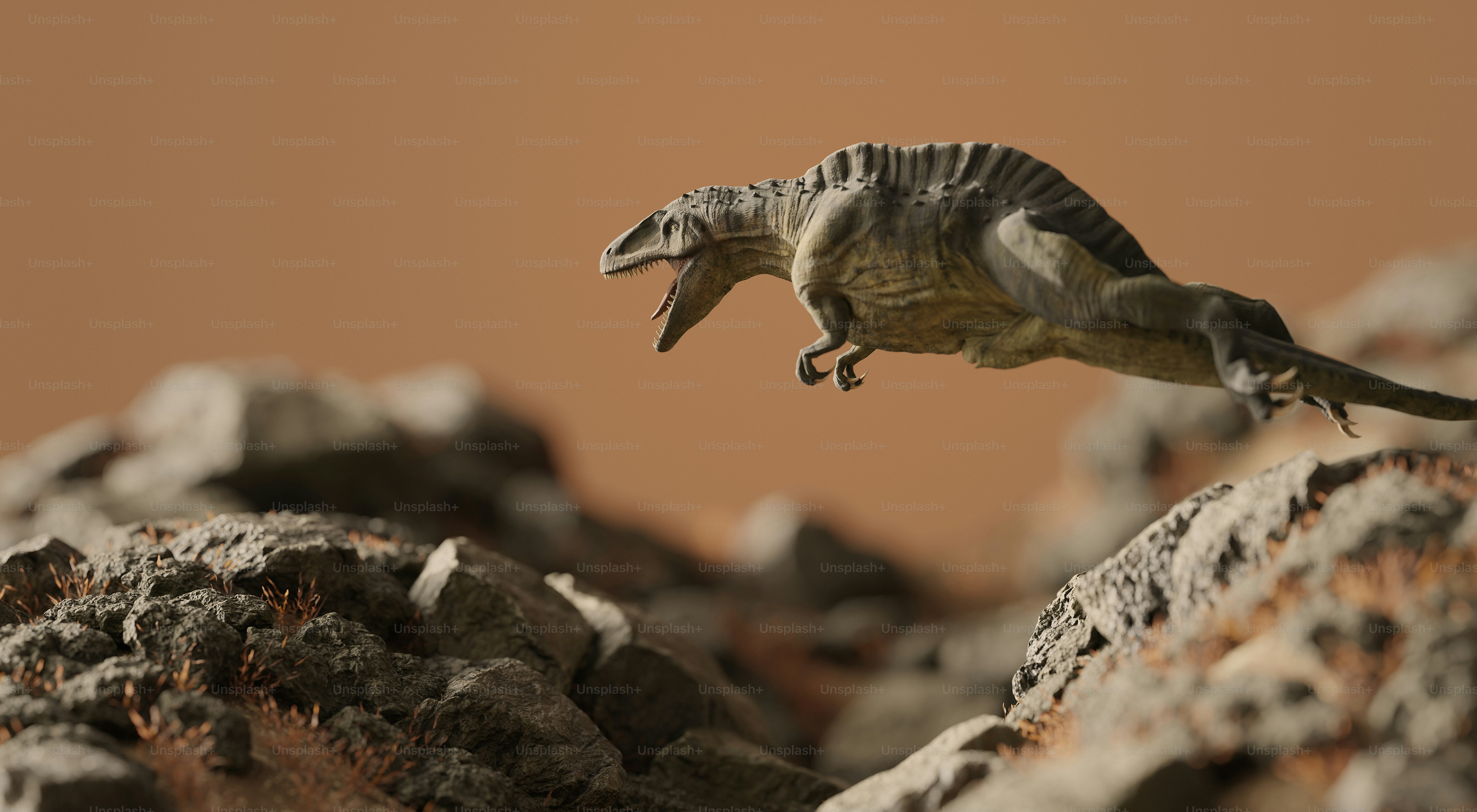 Dinosaur toy jumps over rocky terrain.