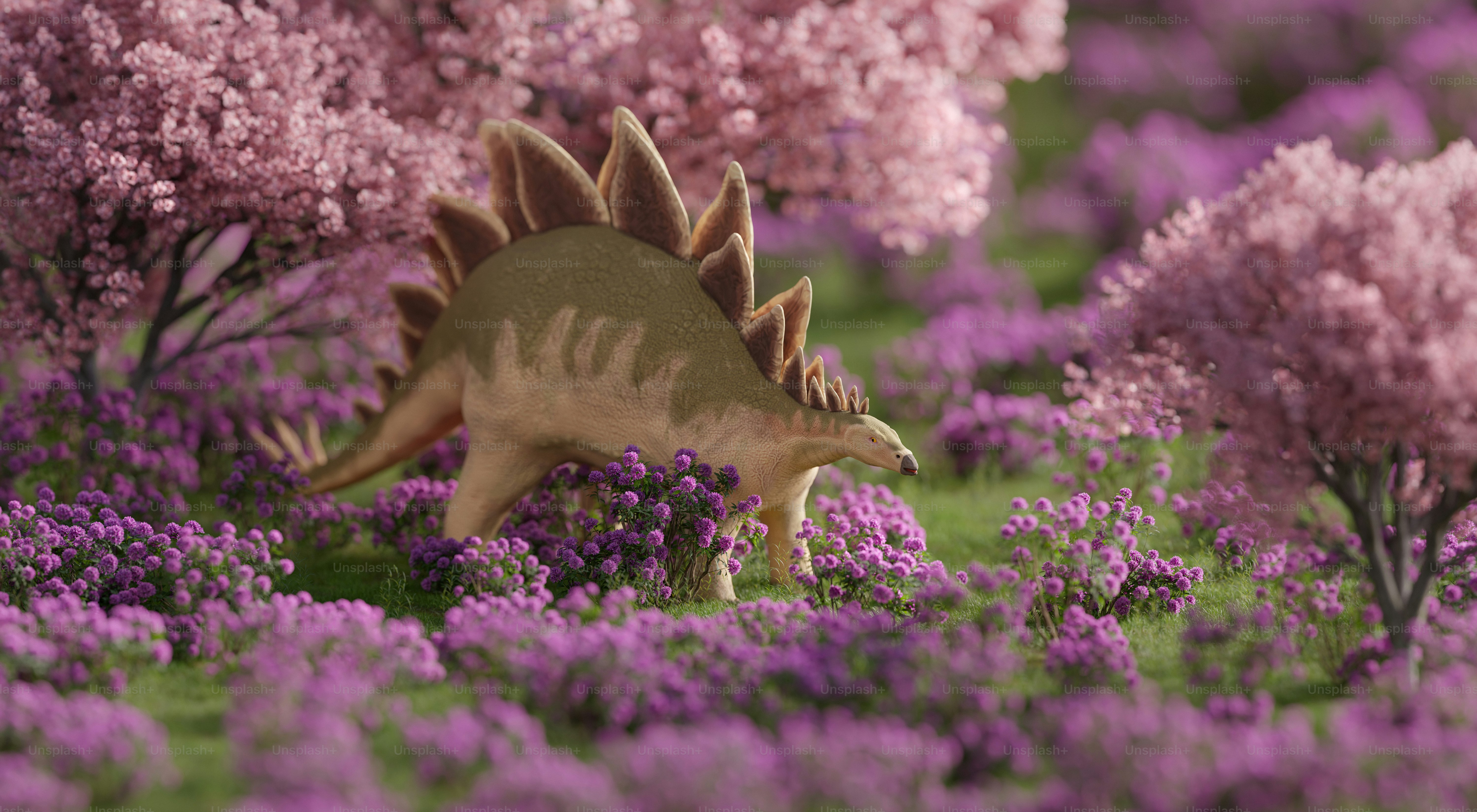 A stegosaurus wanders through a purple landscape.