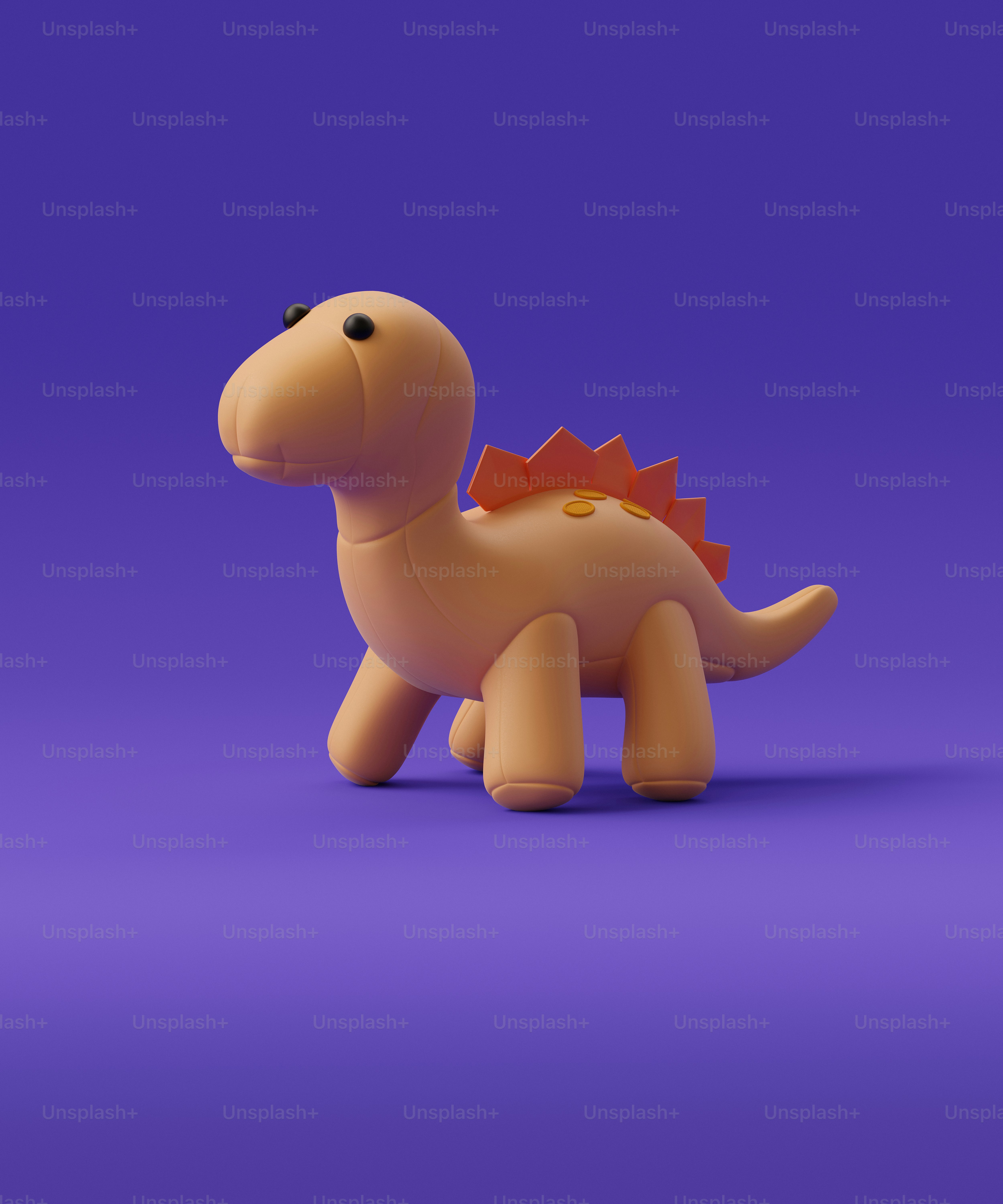 A cute, orange dinosaur stares on a purple background.