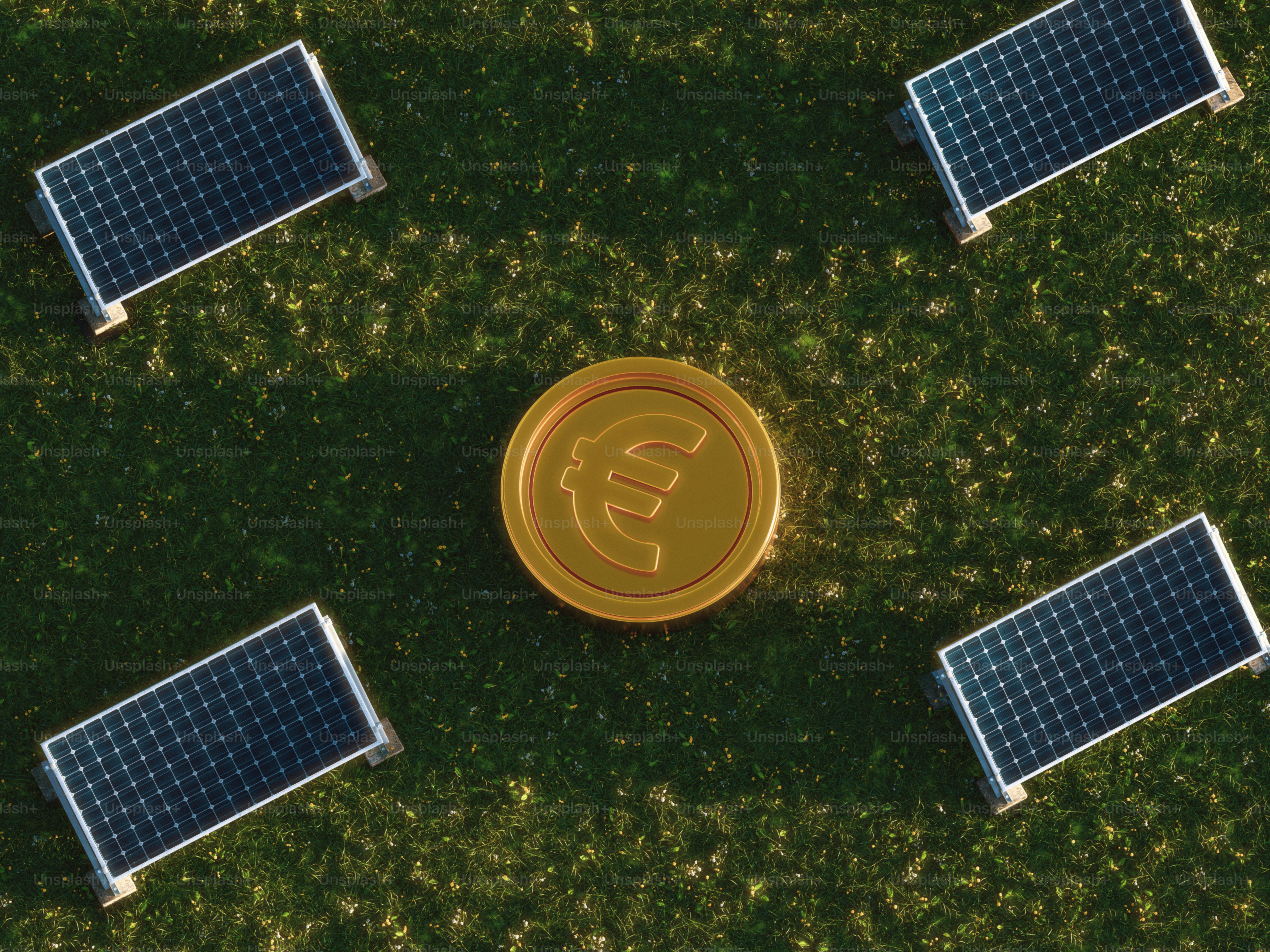 Solar panels power euro coin on green field.