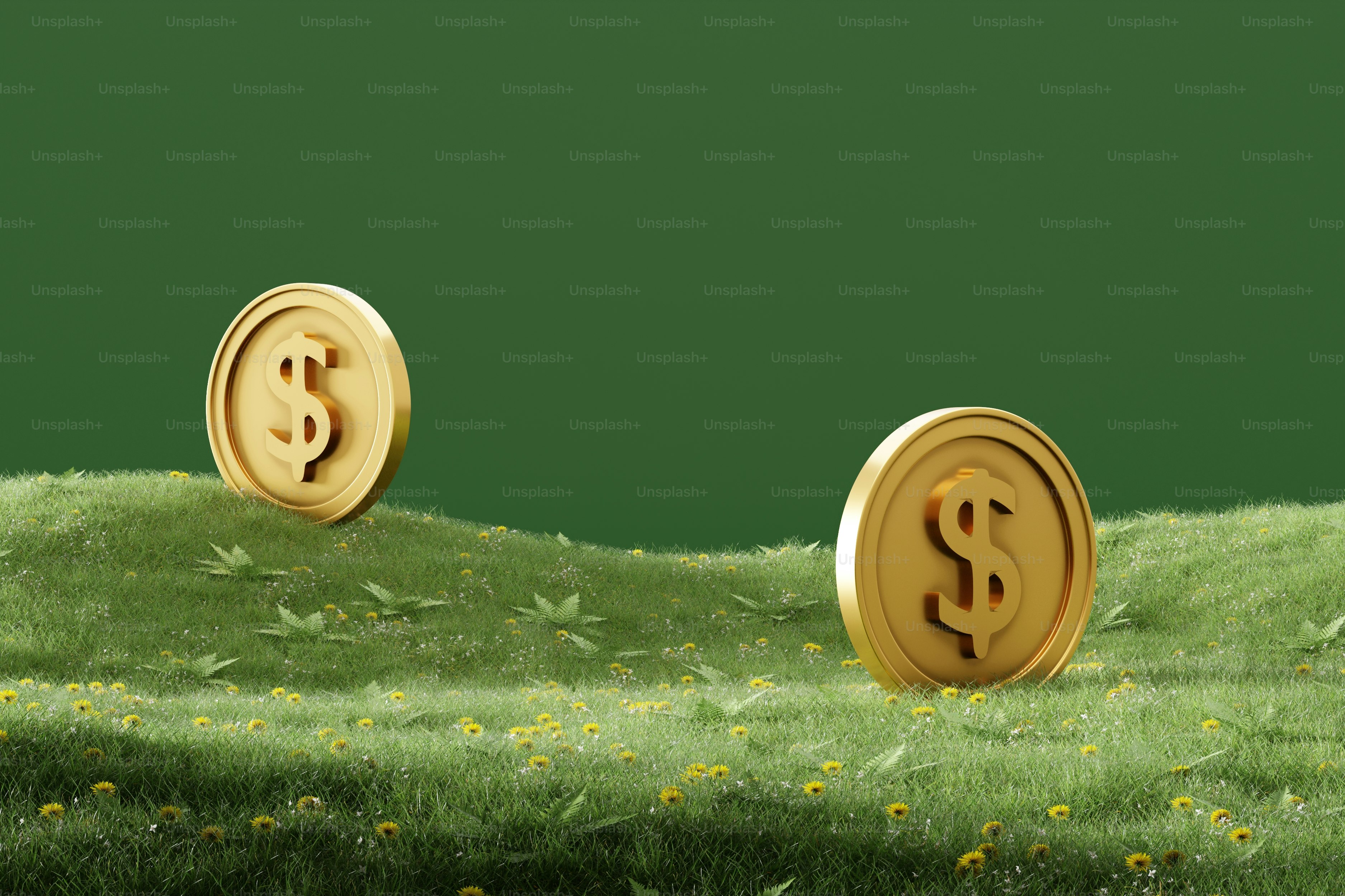 Gold coins resting on grassy hills.