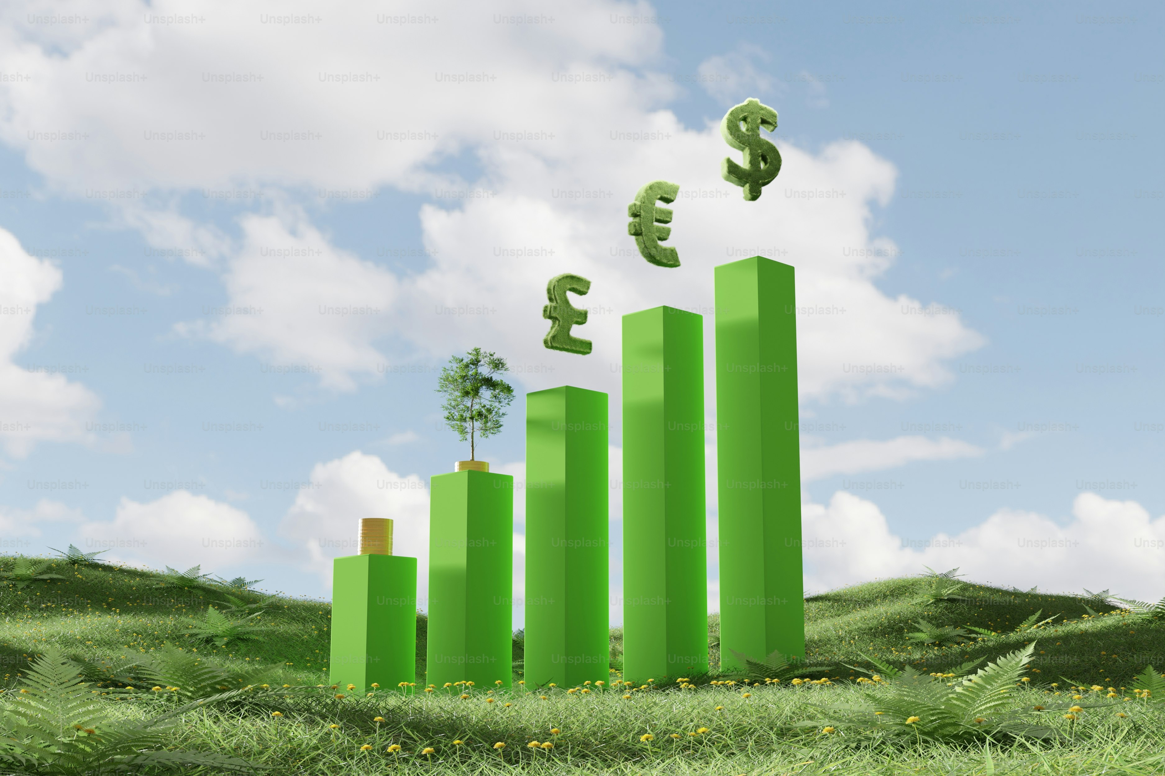 Financial growth depicted with currency symbols.