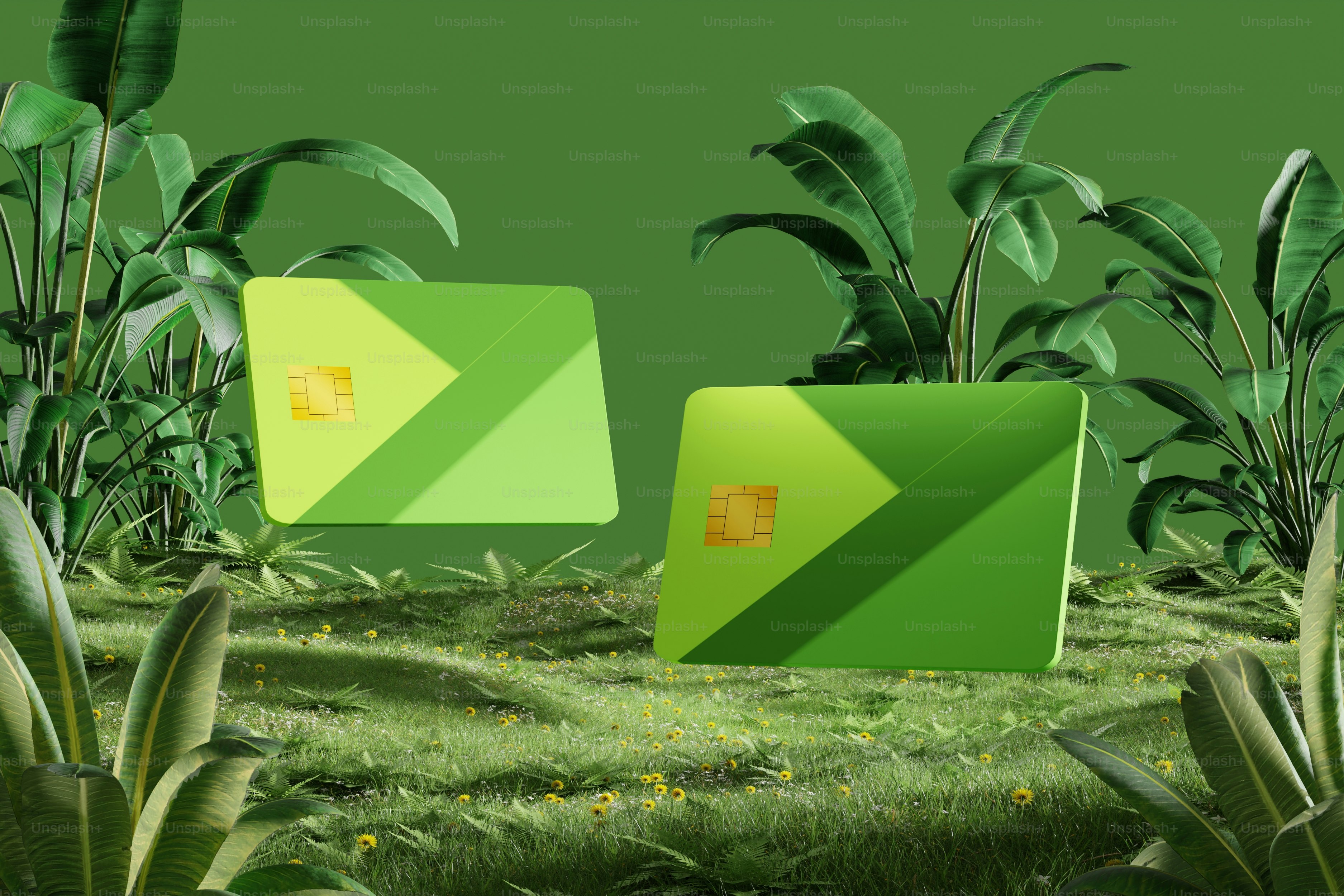 Two green credit cards are in a nature setting.