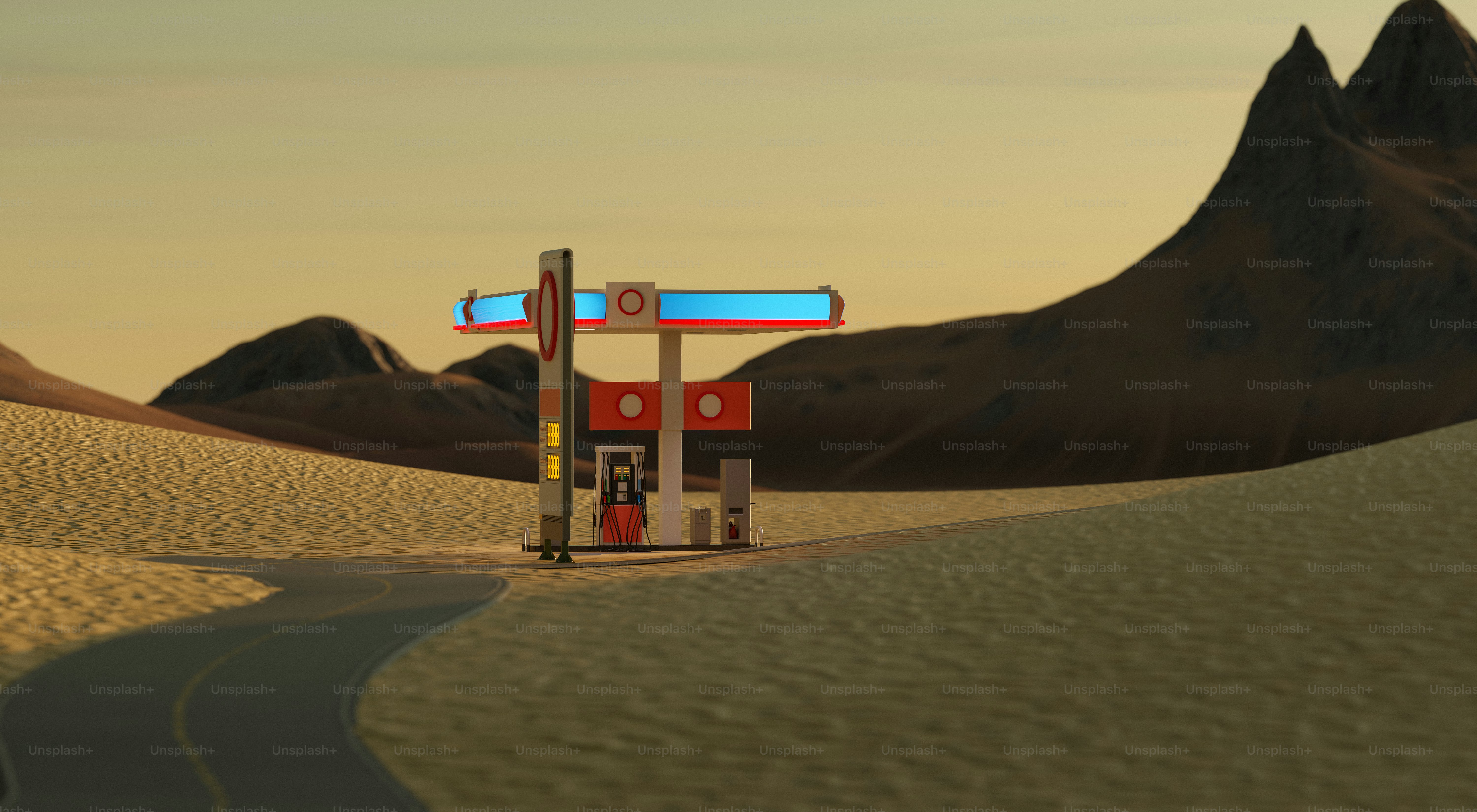 Gas station stands lonely in the vast desert landscape.