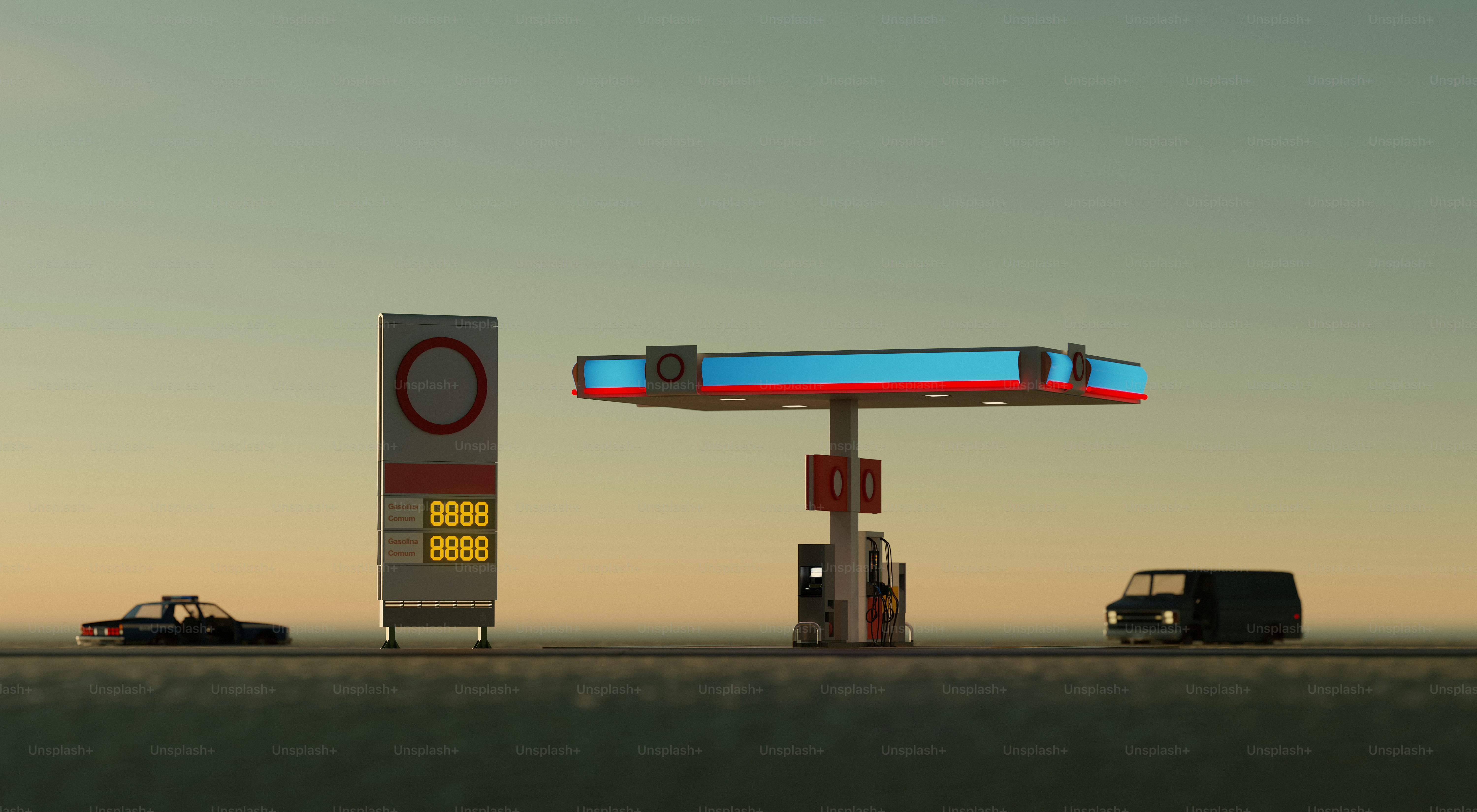 A gas station stands between two vehicles.