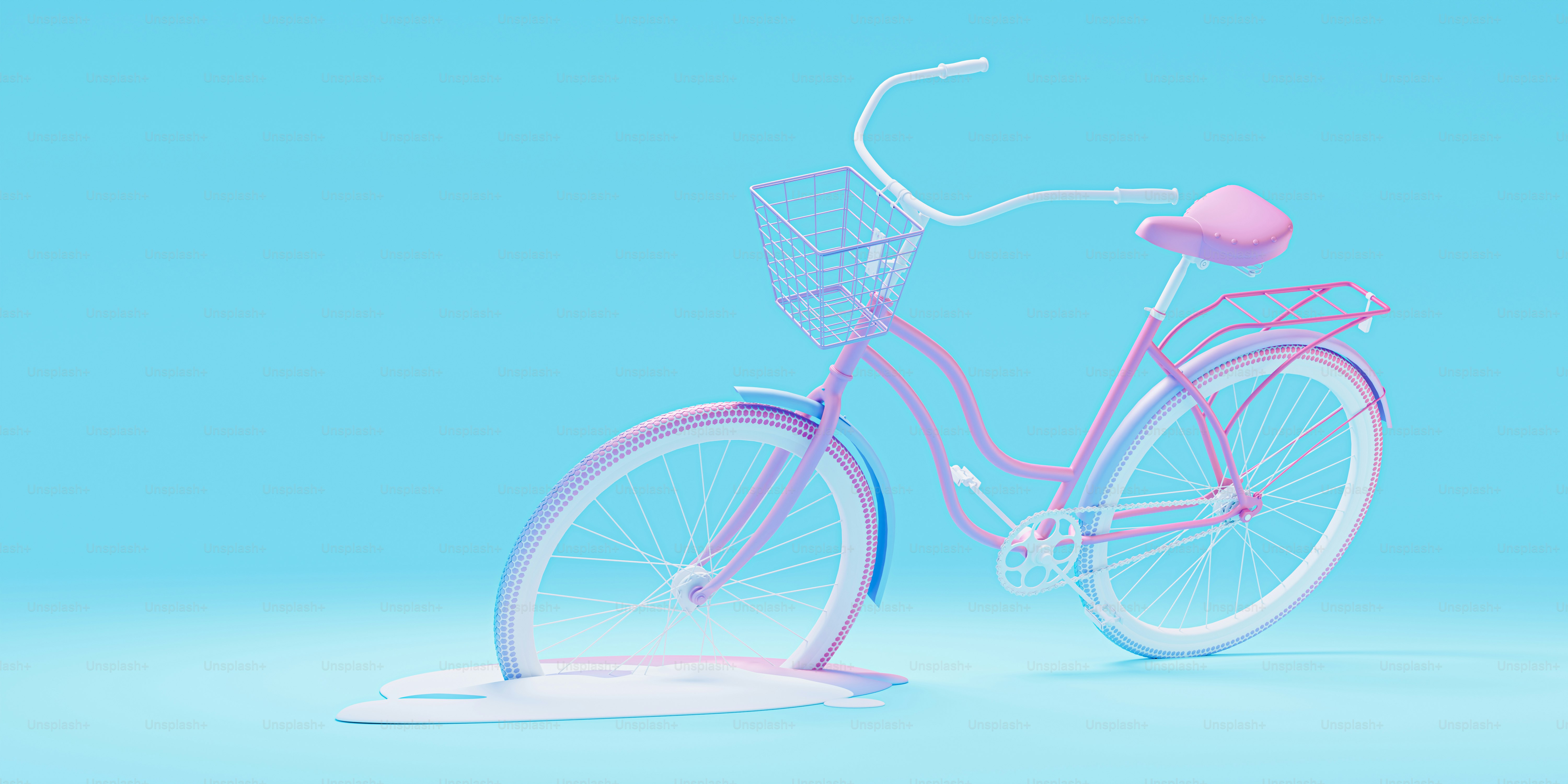 A pink bicycle seemingly melting against a blue background.