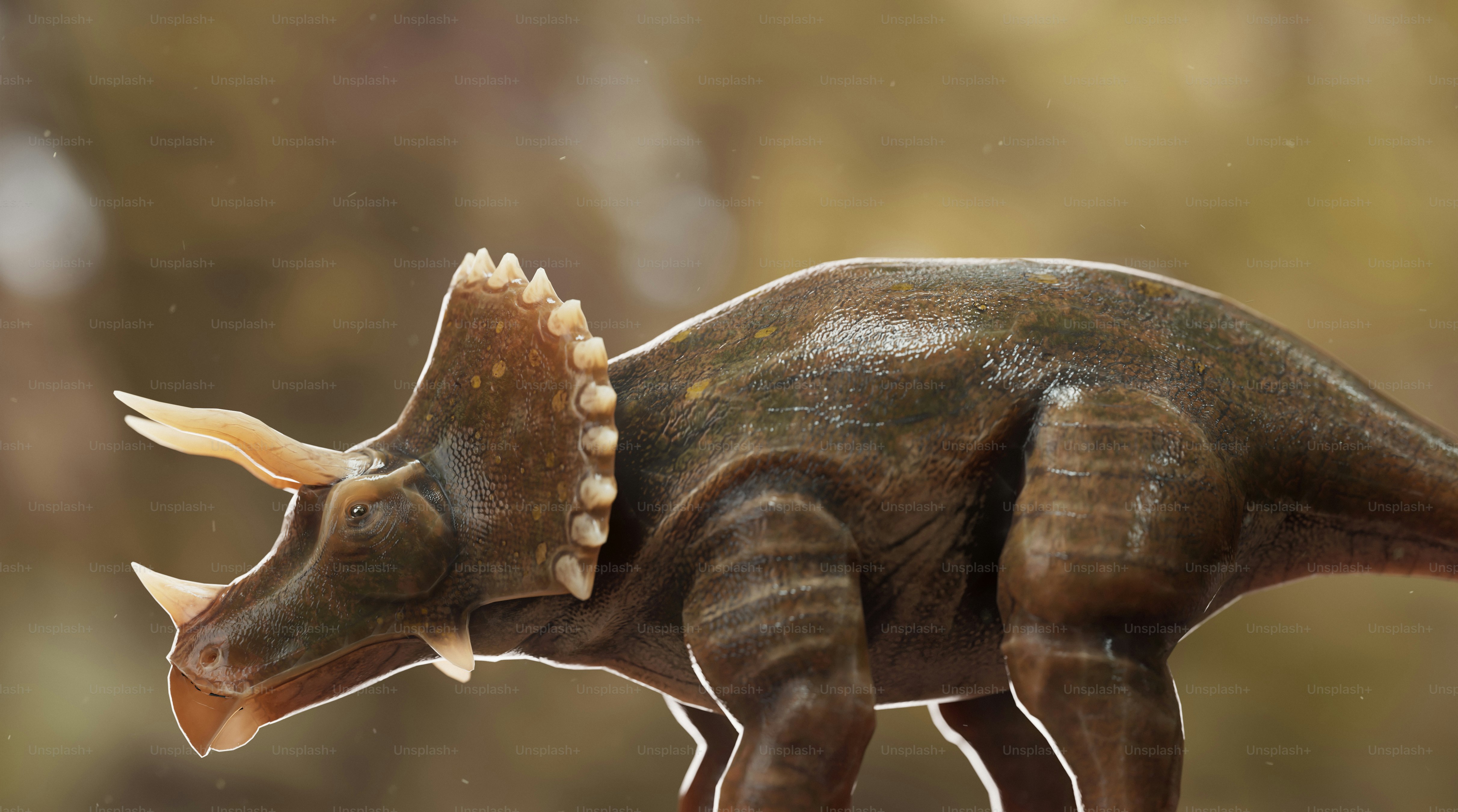 A realistic triceratops stands proudly in nature. photo – 3d render ...