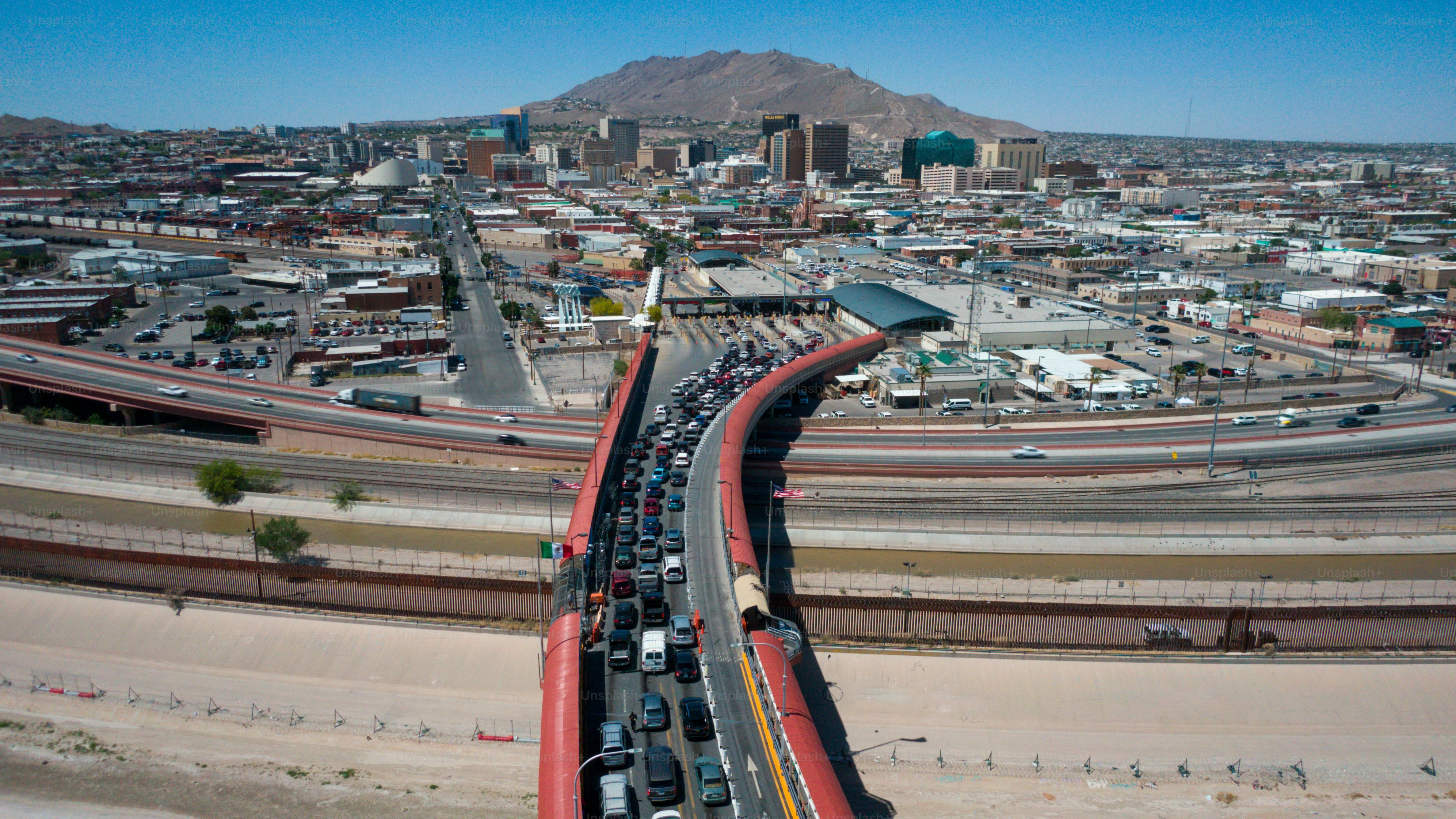 Drone Shot of the U.S. Customs and Border Protection - Paso del Norte Port of Entry with Long Lines of Cars Entering the Untied States
