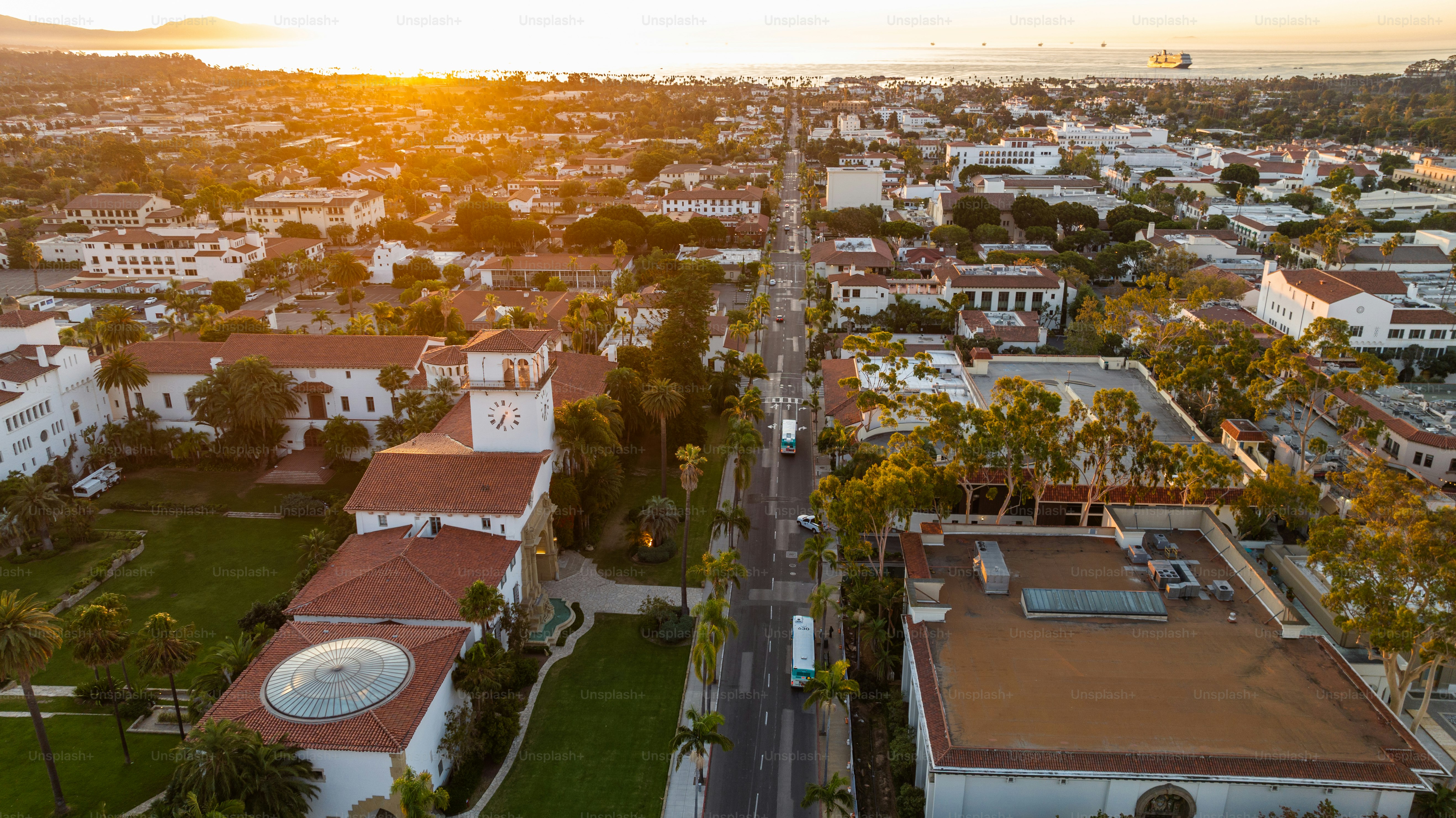 Santa Barbara's historic county courthouse on Anacapa Street as the early morning sunrises over the Pacifica Ocean.