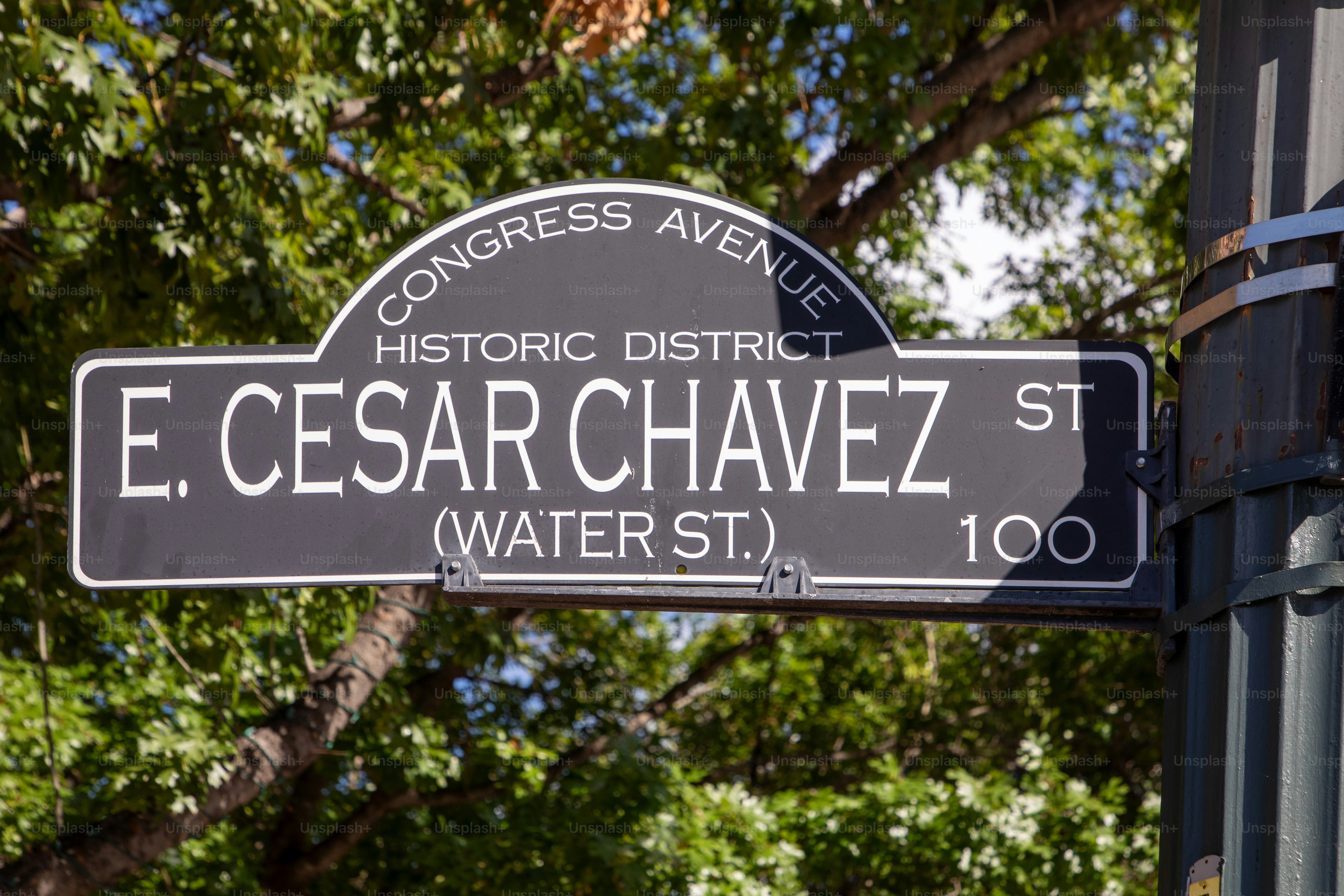 street sign congress avenue e. cesar chavez at the water street in Austin, Texas, historic district, USA