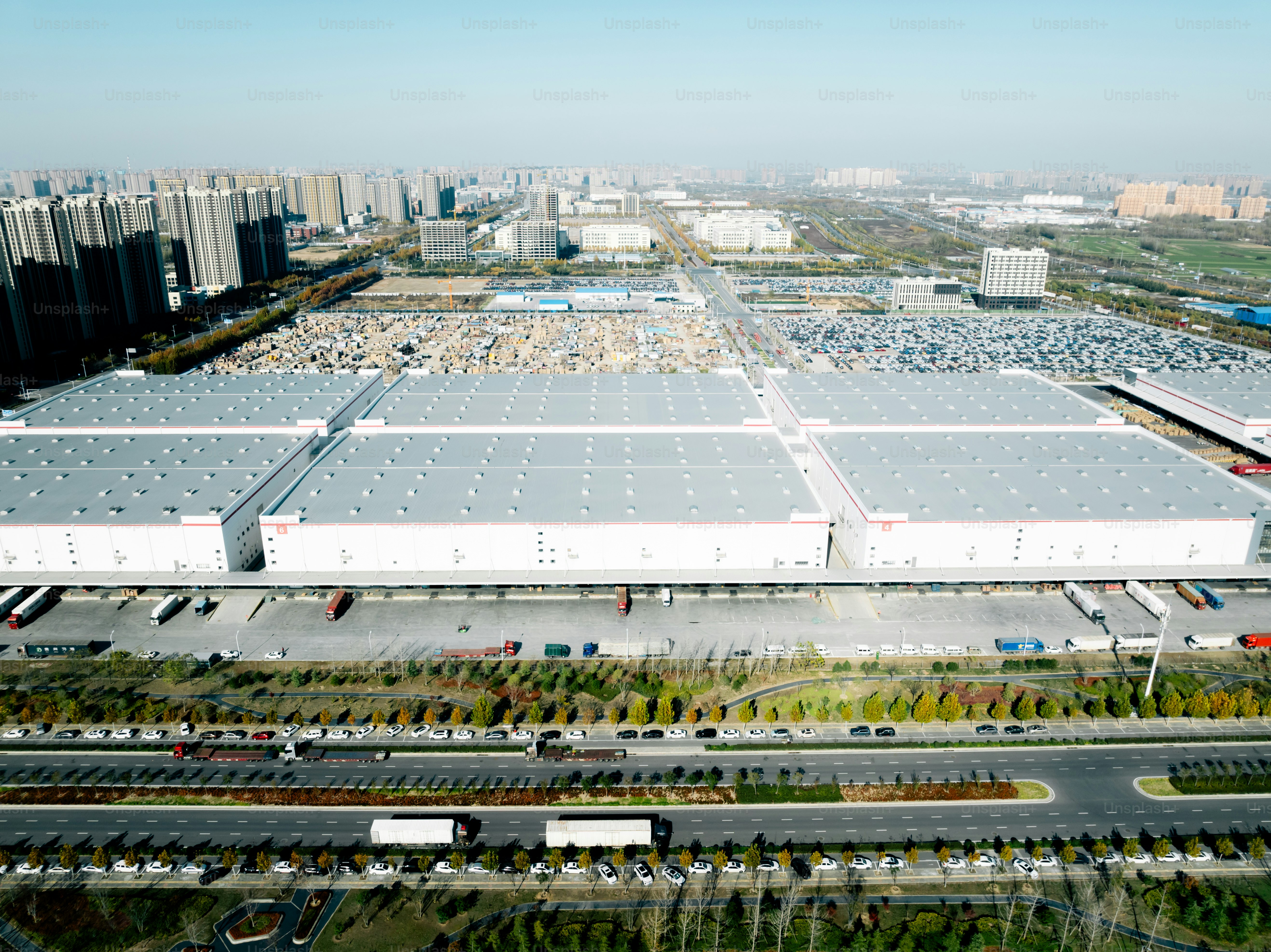 Aerial photos of giant logistics warehouses, transit centers