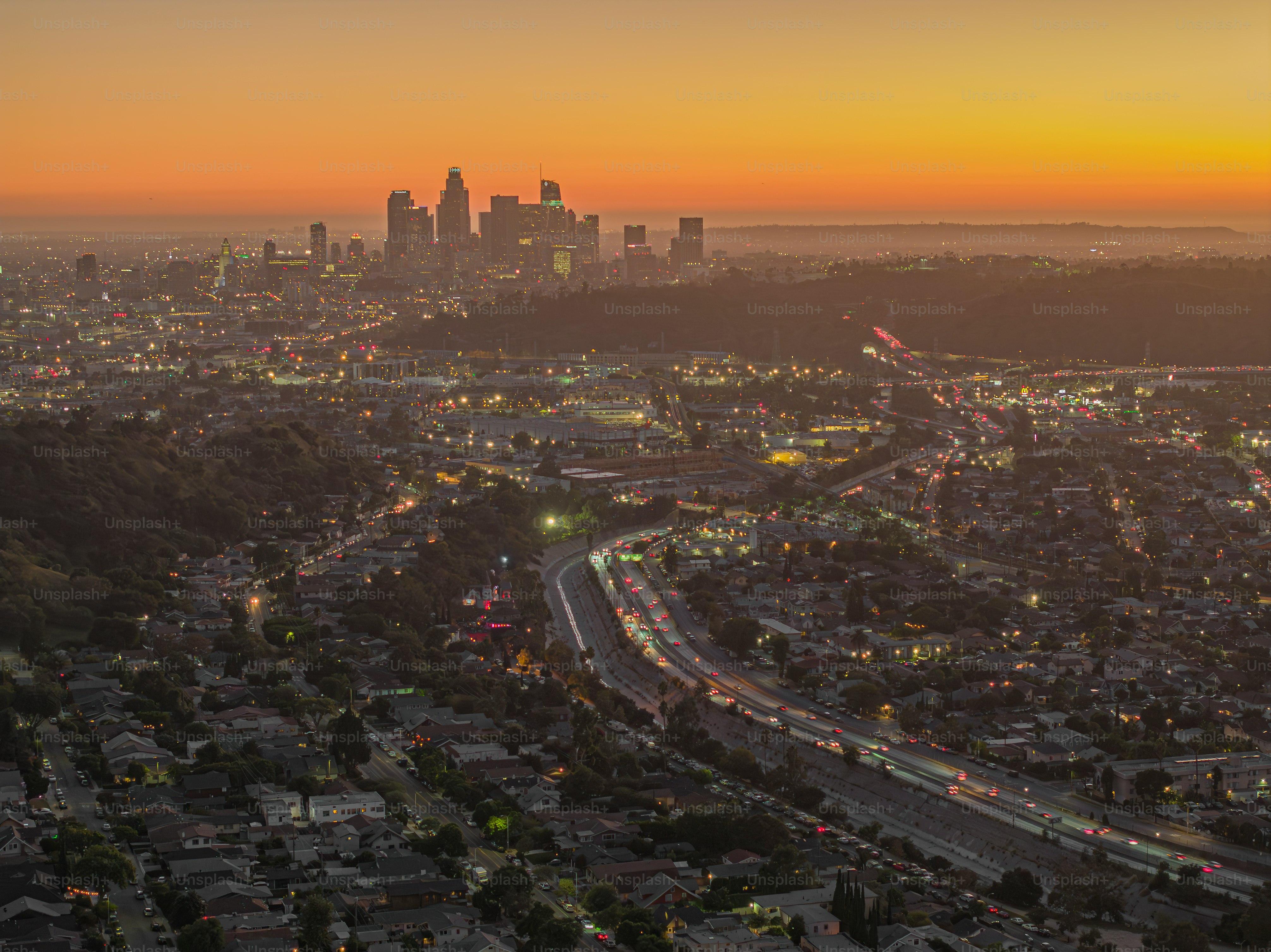 Cityscape of Los Angeles in dawn time