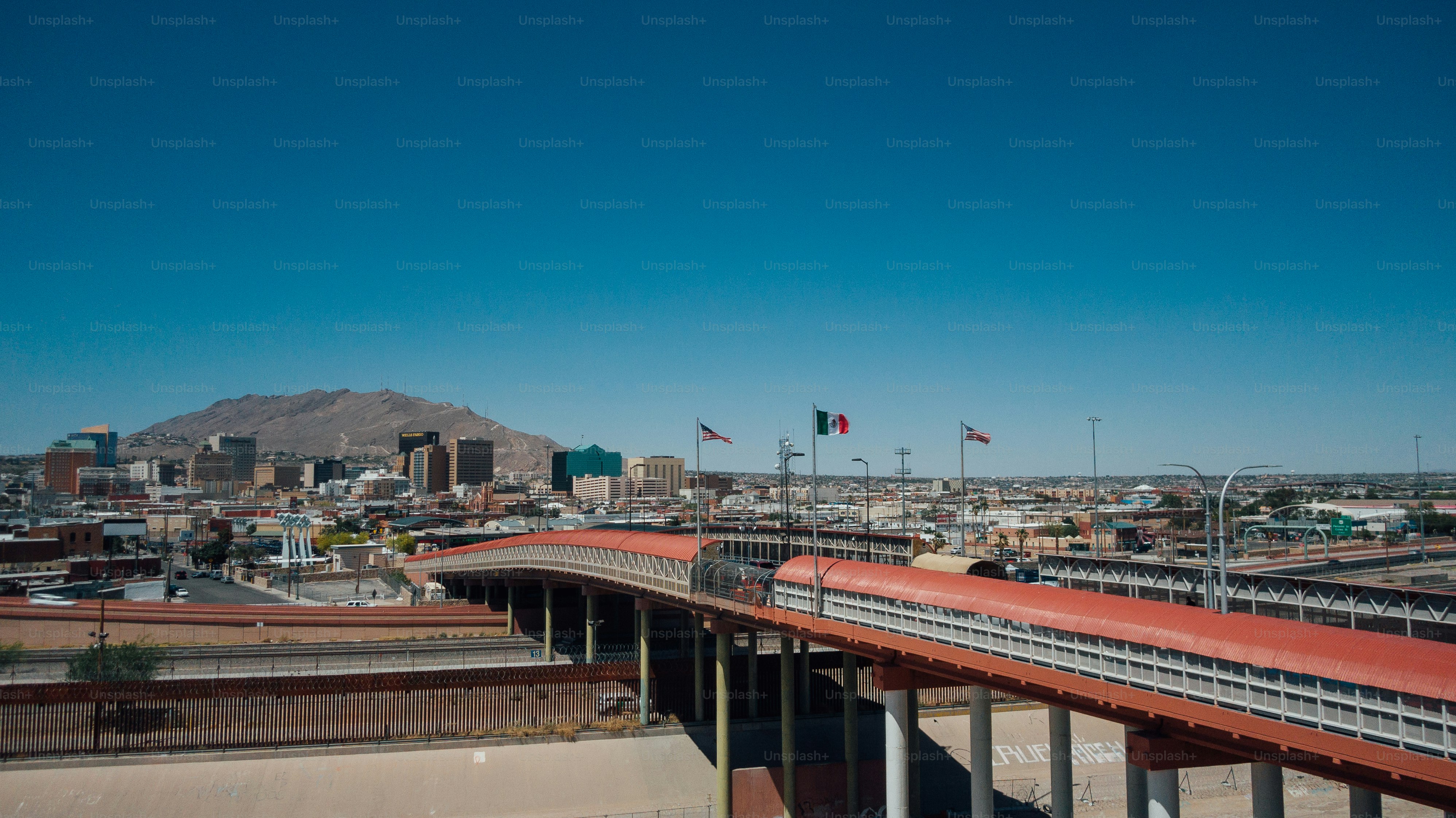 Drone Shot of the U.S. Customs and Border Protection - Paso del Norte Port of Entry with Long Lines of Cars Entering the Untied States