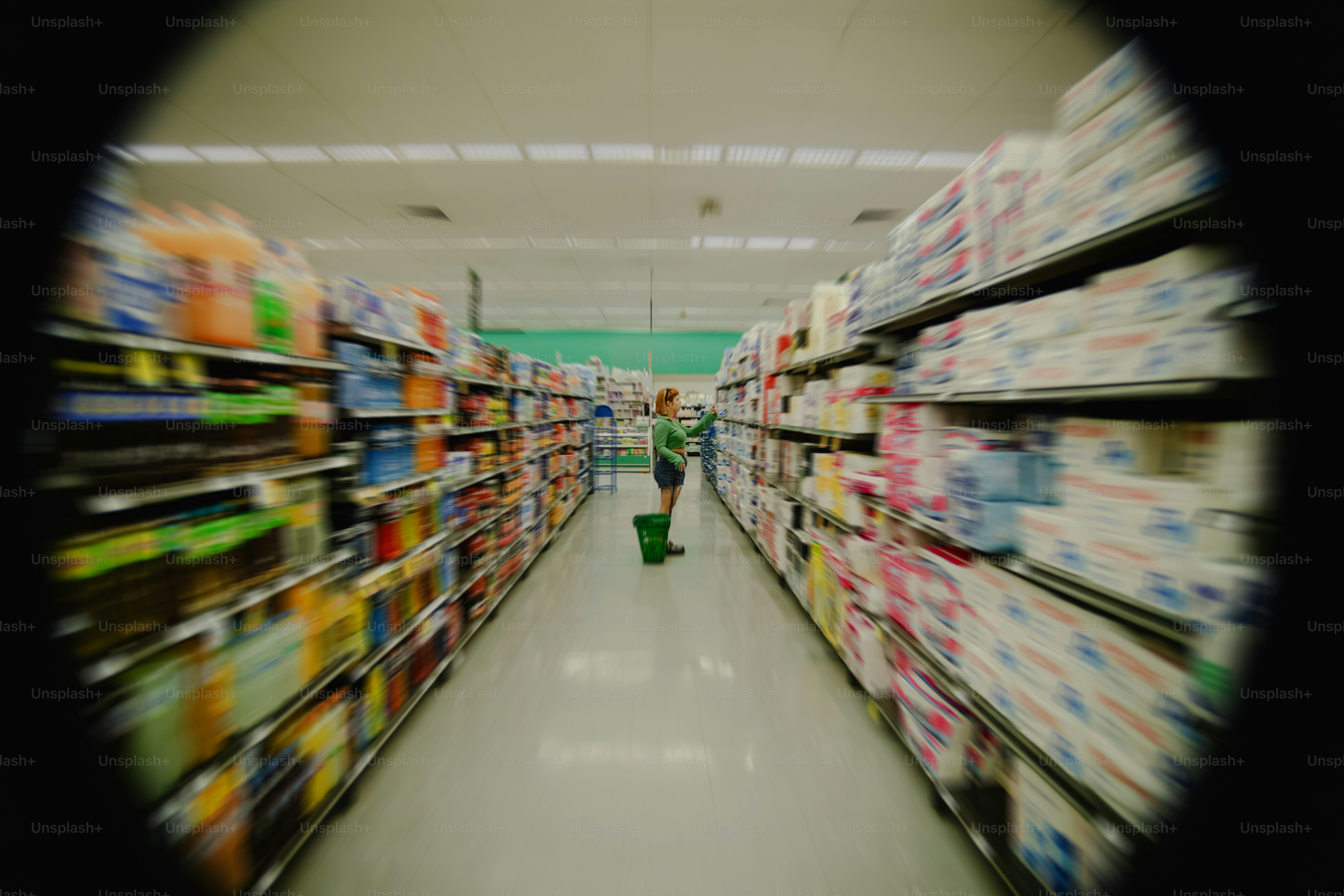Person in a supermarket aisle with blur effect.