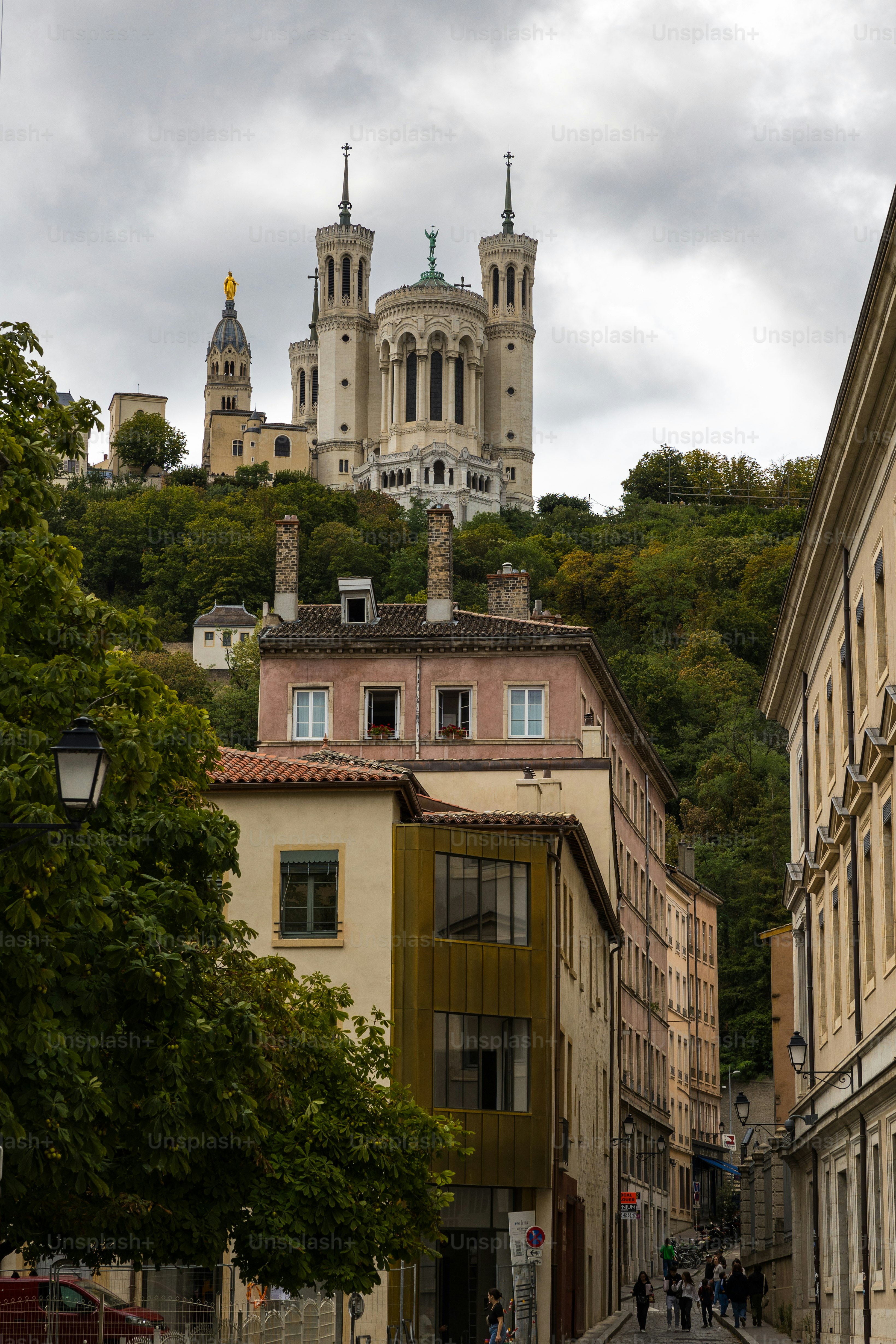 Fourvière Basilica in Lyon seen below from Vieux-Lyon on a cloudy day