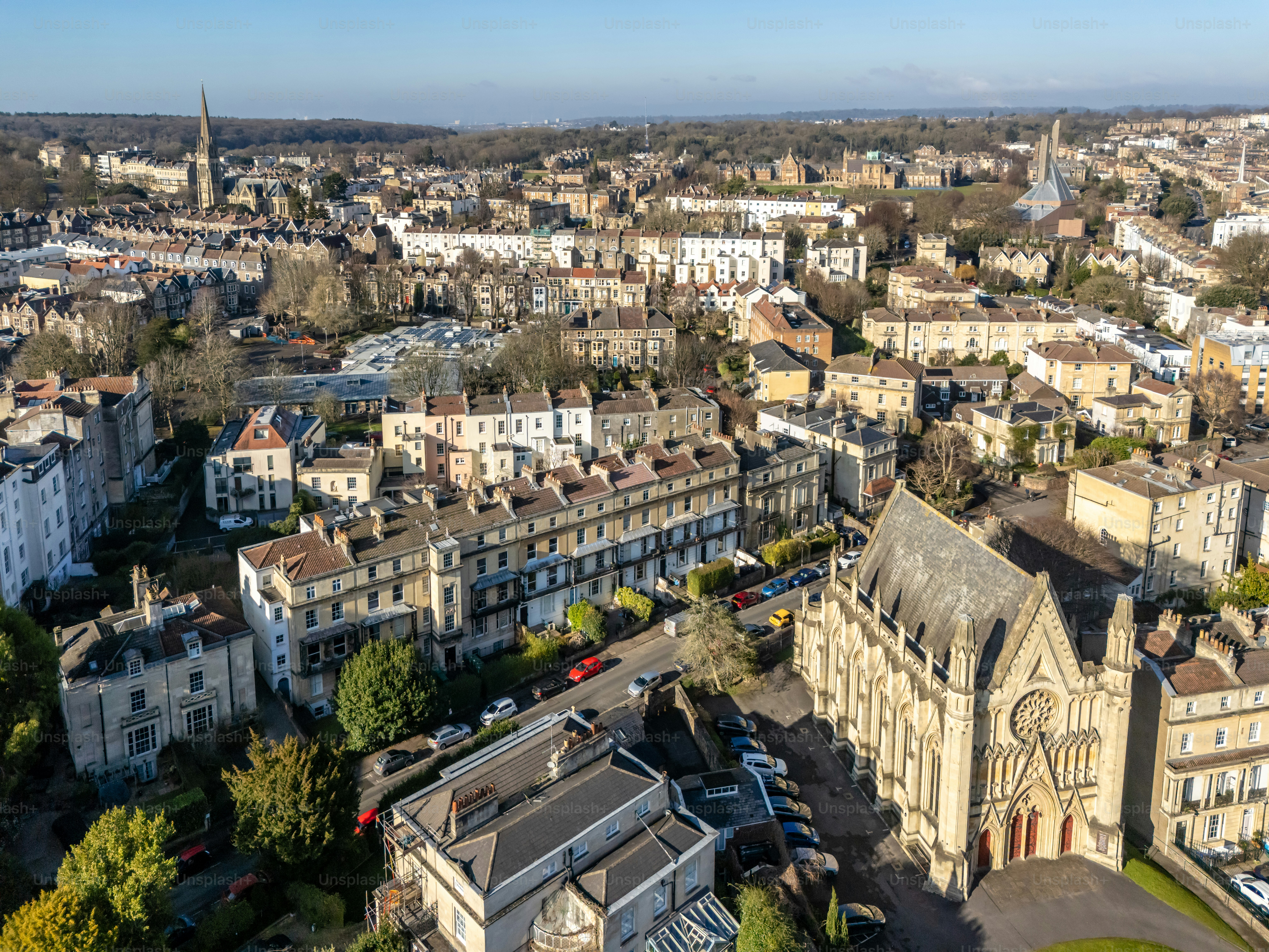 Aerial view of Buckingham Chapel in Clifton, Bristol