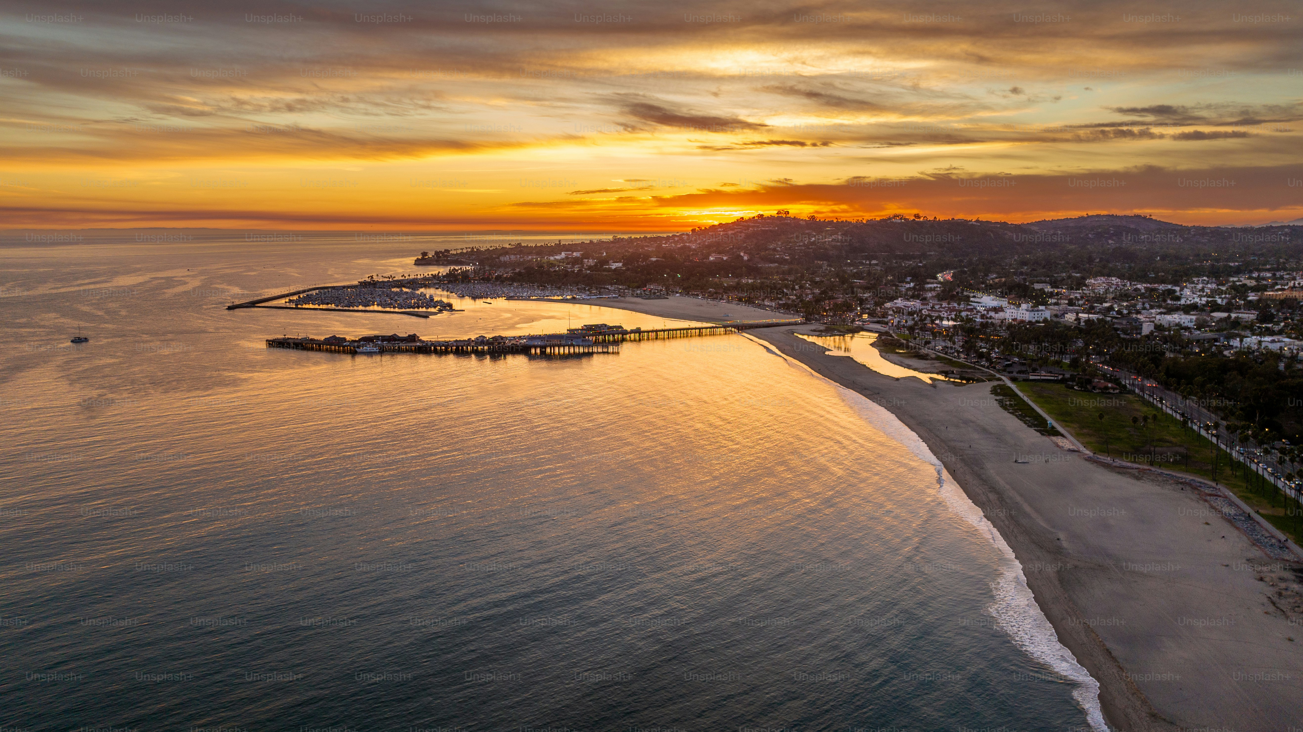 Aerial view of Santa Barbara as the sun sets. Santa Barbara is the county seat and is a popular tourist and resort destination, nicknamed the American Riviera.