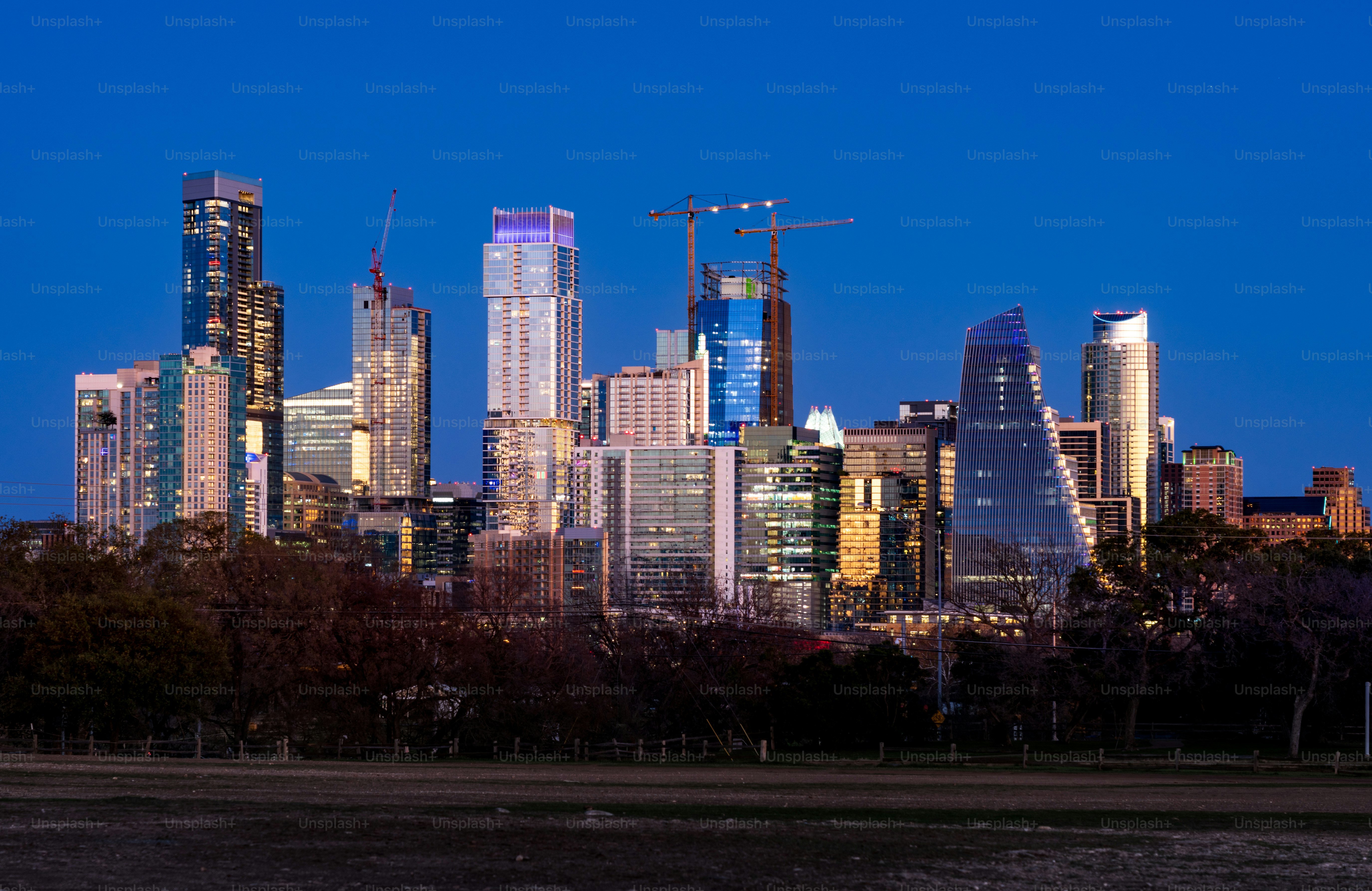 City skyline from the west of downtown Austin Texas from Zilker metropolitan park at night