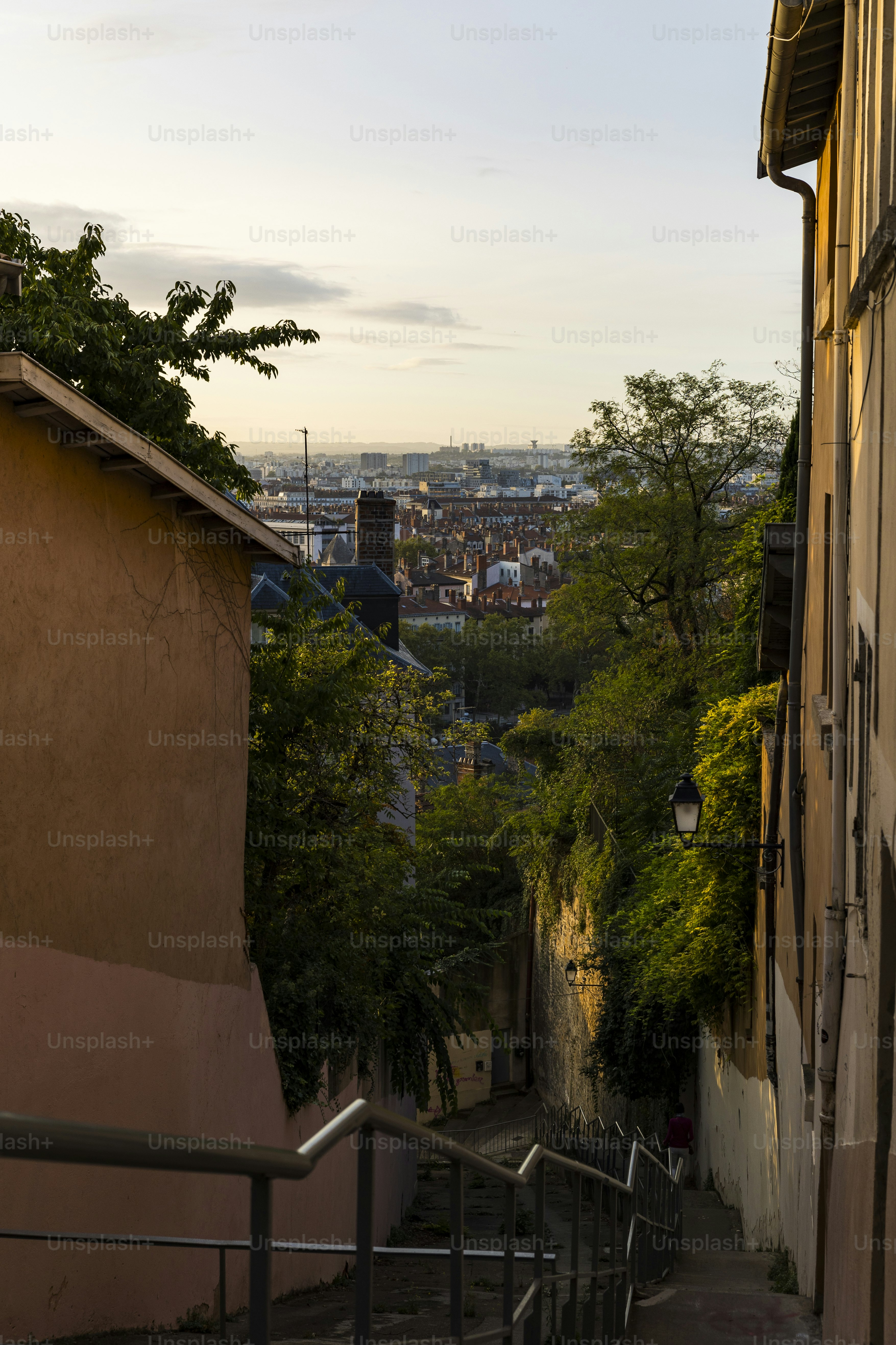 View of Lyon at sunrise from the stairs of Montée des Épies in Old Lyon